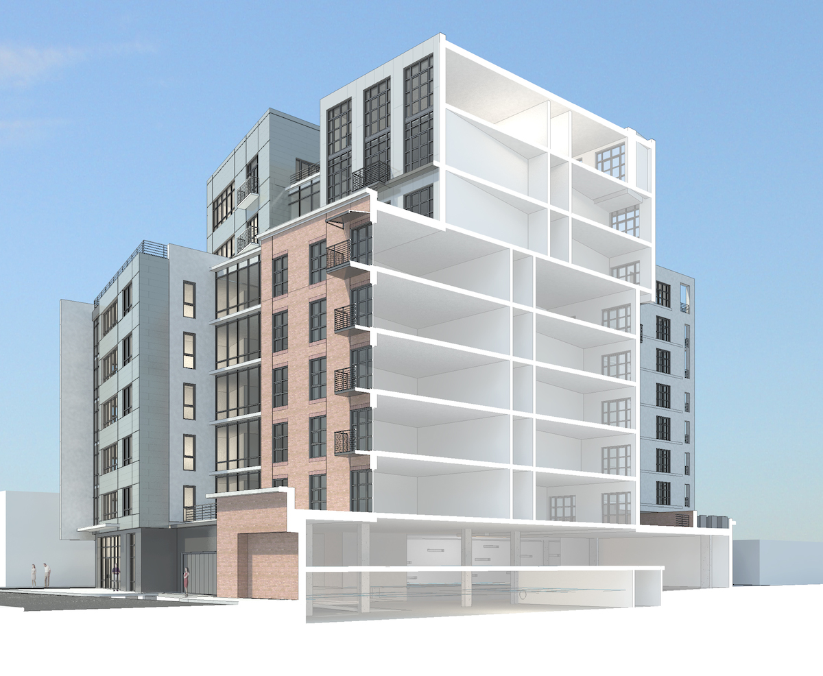 A section perspective rendering of the building. I like these types of drawings. They give a good impression of what the building will actually feel like and also explain how it is put together. 
