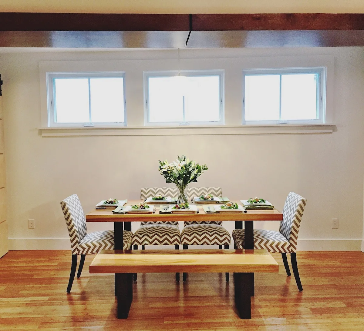 View looking from the kitchen into the dining room. You can see the 1/2" reveal right in the center.