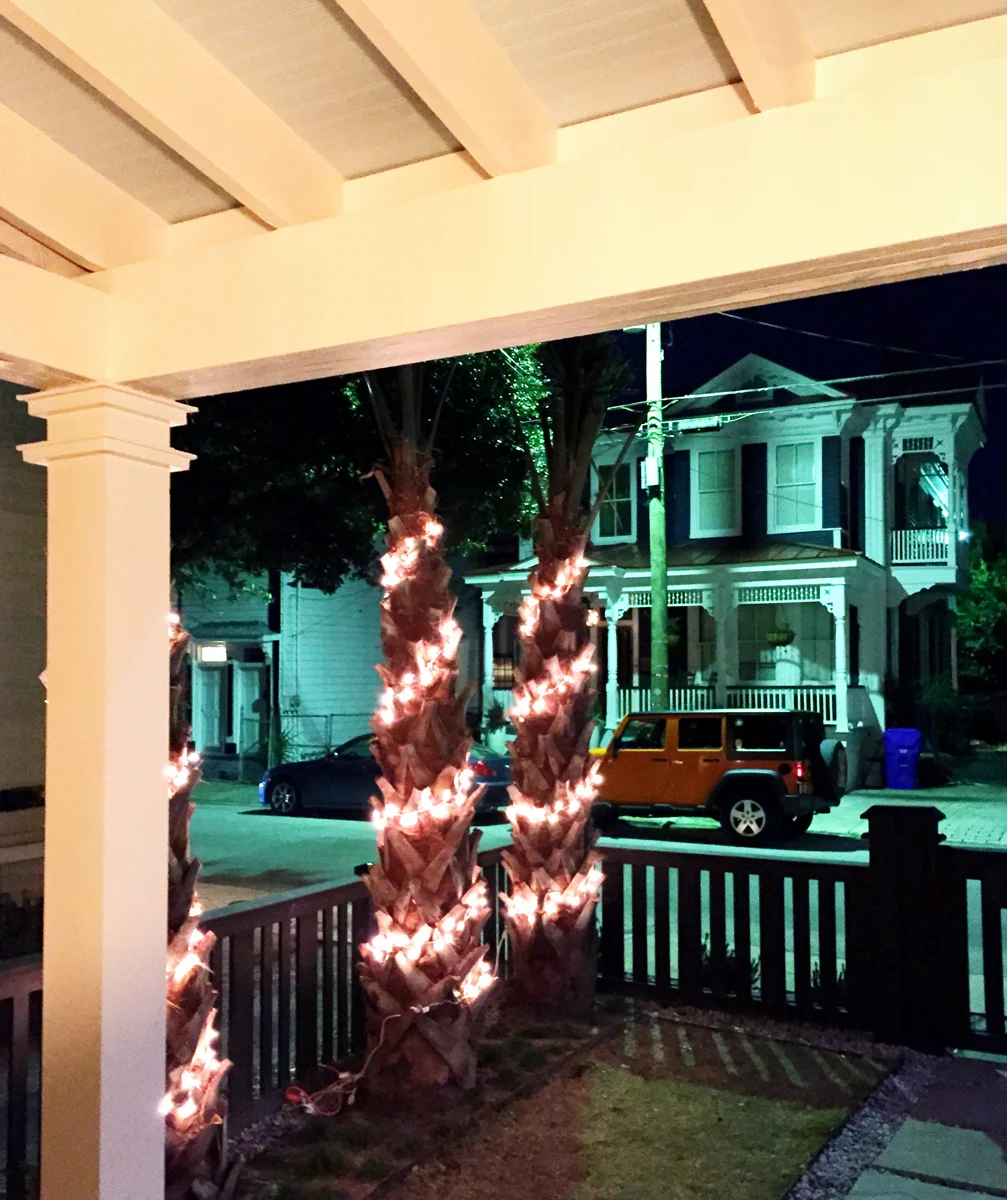 Of course we put Christmas Lights on our Palmetto Trees for a recent party we had. The ceiling is bead board by James Hardie painted haint blue.