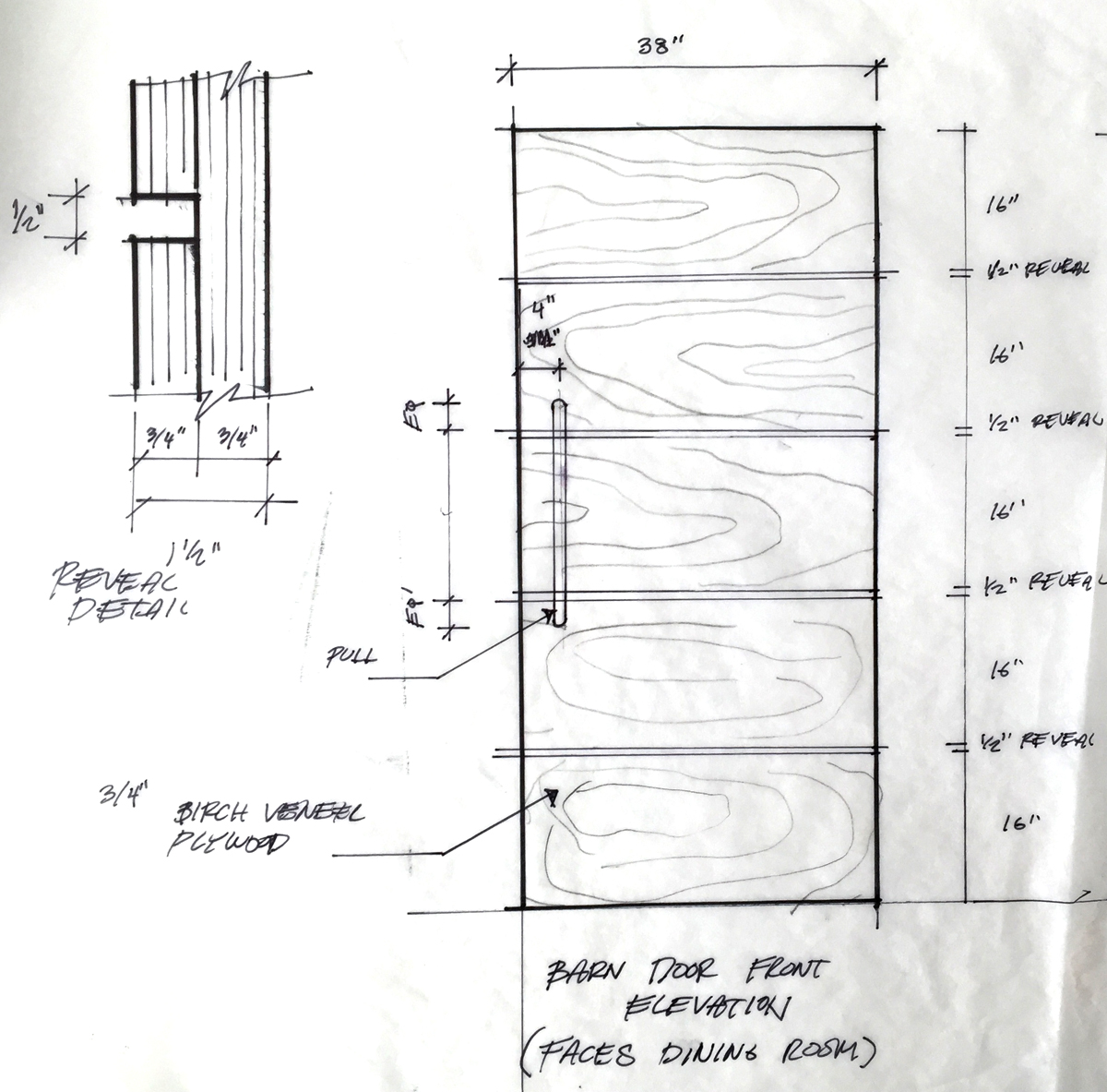 Front elevation and detail sketch of barn door.