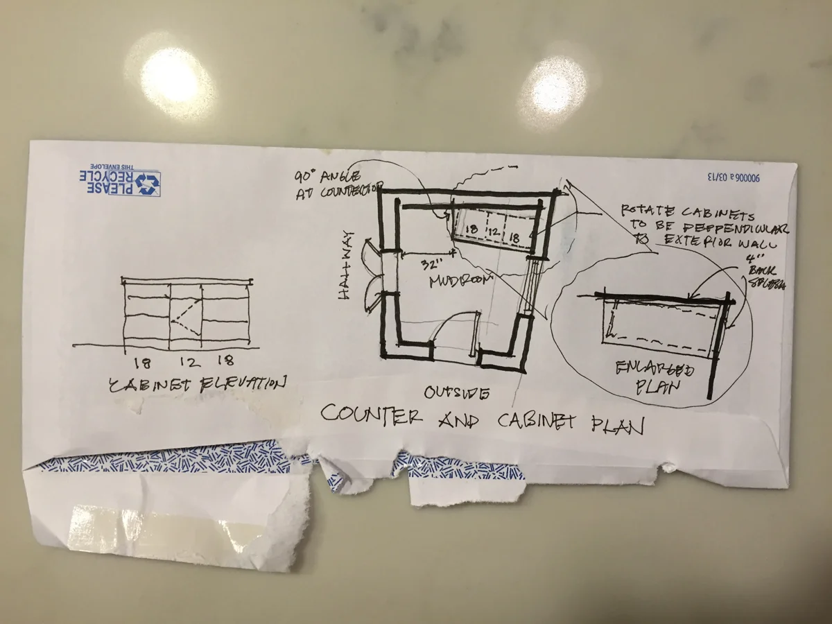Directions I left for the contractor one day on how to set the cabinets and cut the countertop.