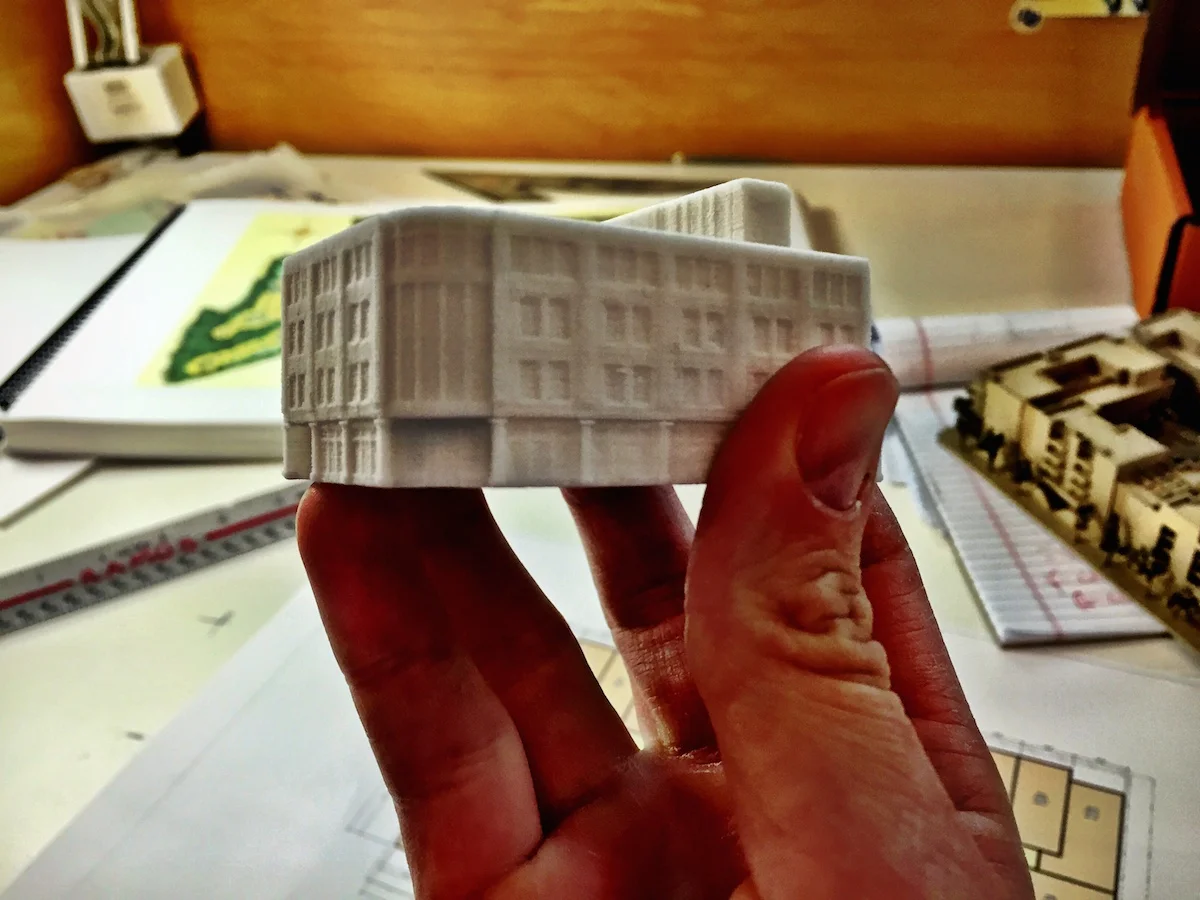 Big hand or little building? 2.5"x2"x1.5" Courtesy of LS3P. Printed using a MultiJet 3D printer.