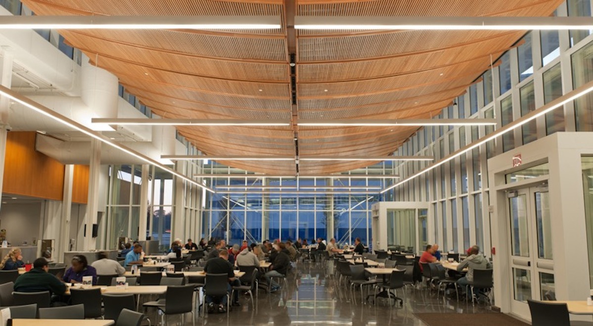 The Cafeteria at Boeing, Charleston, SC. Architecture by McMillan Pazdan Smith Architects. Project Manager/ Project Architect: Eddie Bello. Photo credit to Gary Coleman Photography. This project is in the center of campus and since the campus is off-limits to visitors, no one gets to see this building. 