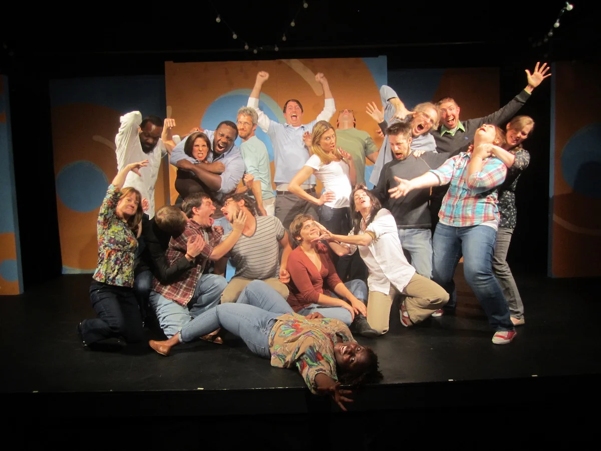 Level 4 improv class. October 2012. Apparently the rapture is my go-to improv photo pose. That is me in the green shirt back center.