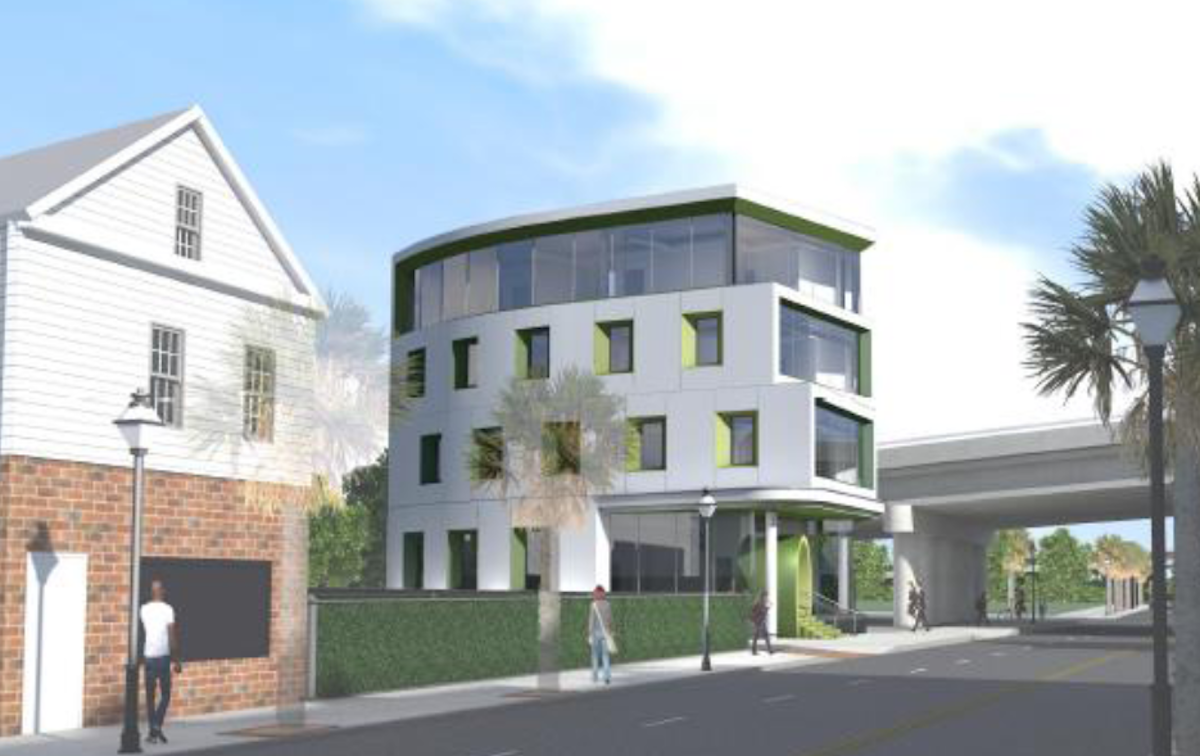 Rendering of new office building at 663 King Street by Neil Stevenson Architects. Rendering courtesy of City of Charleston Board of Architectural Review Website .