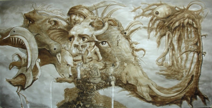   Earthly Balance ,&nbsp;Walnut oil ink and sumi ink on watercolor paper,&nbsp;7 ft 6 in x 46 inches 