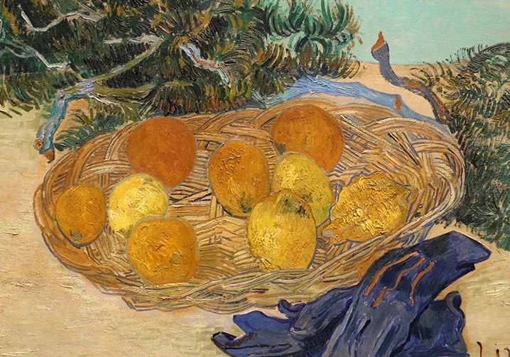 Slightly cropped Still Life of Oranges and lemons with Blue Gloves. 1889. A recent acquisition to the National Gallery collection.