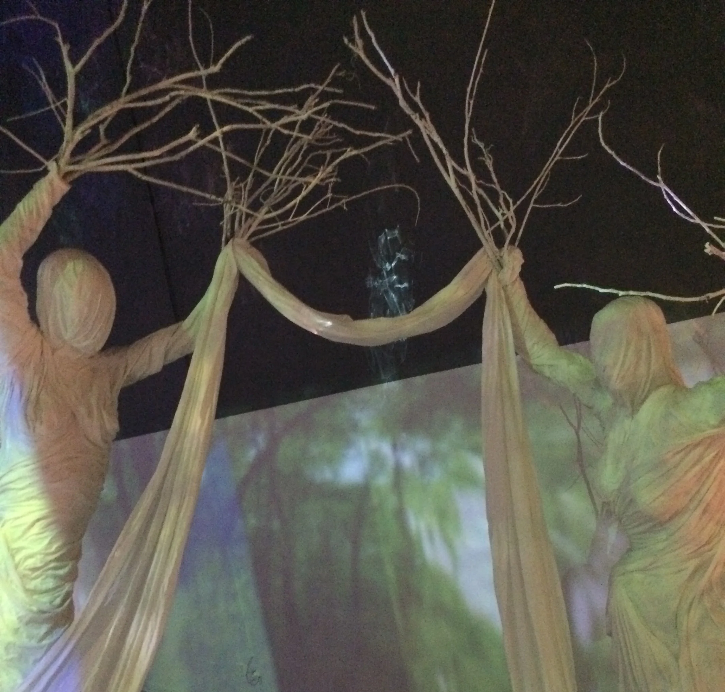 The installation is fabricated with sculpture, drapery and video projection.