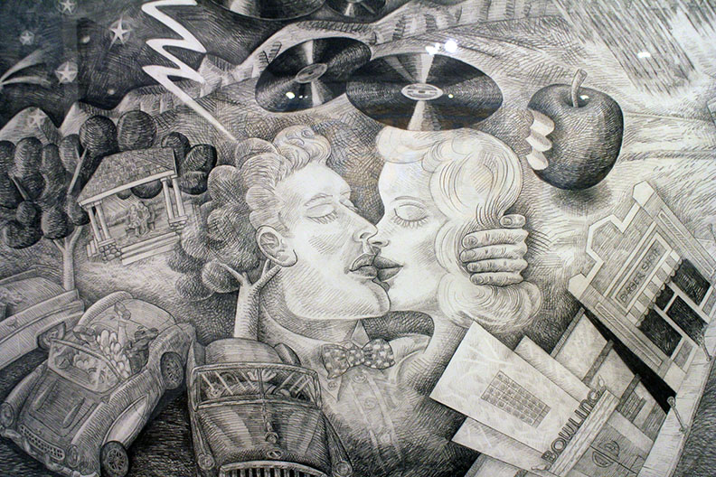 The Process: &nbsp;Collages of found references are assembled and drawn. &nbsp;These large scale drawings display fine detailed network of crosshatched modeling. &nbsp;