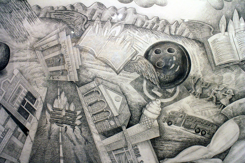 The drawings are ultimately developed as large scale expressionistic paintings. &nbsp;His naive approach to composition draws you into what seem like random compositions.