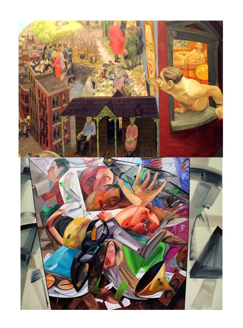 Above: Henry Koerner (1915-1991), Mirror of Life, 1946. Oil on composition board, 36 × 42in. Below: Dana Schutz, Elevator, 2017. Oil on canvas, 144 x 180 in.