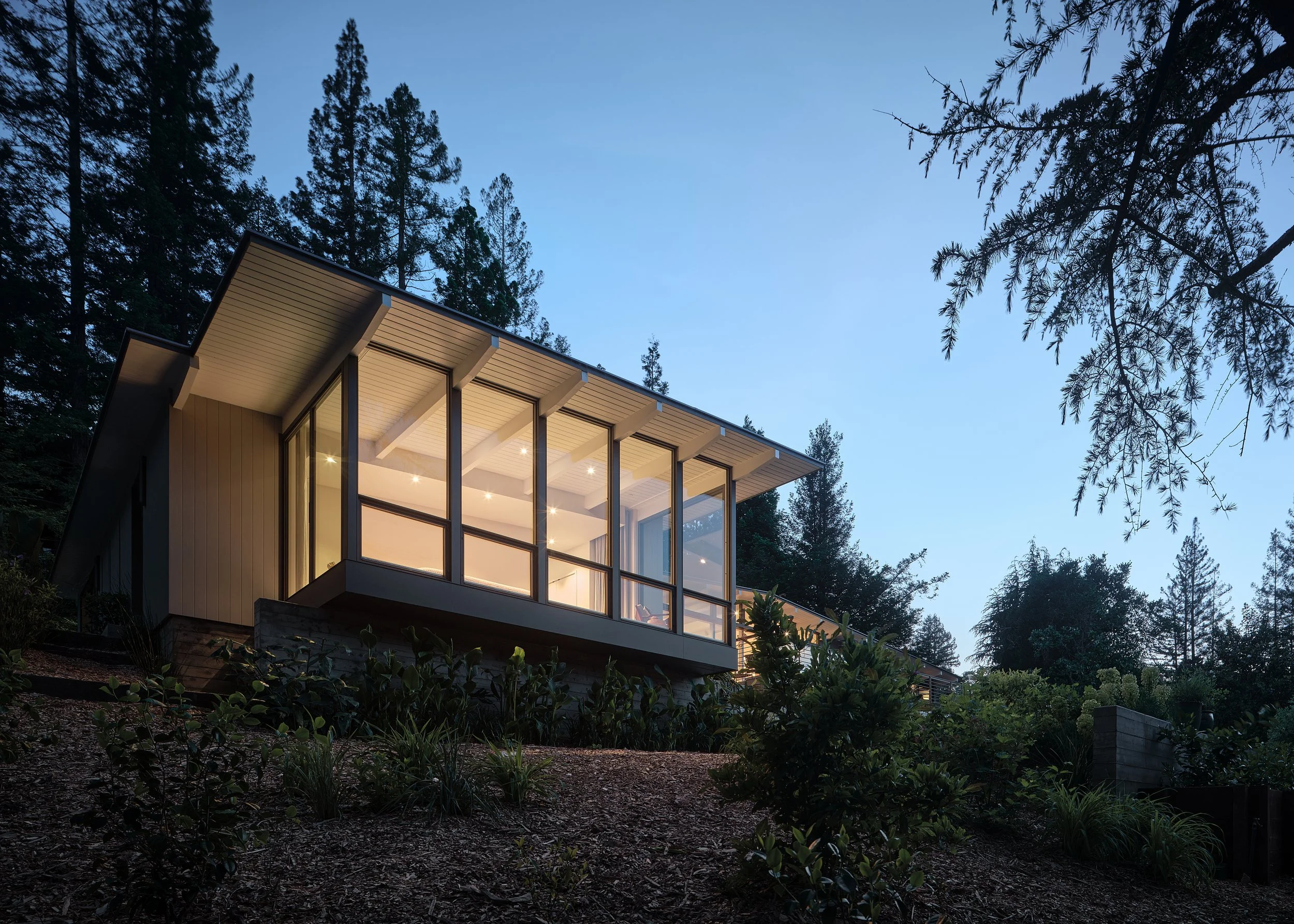 Modern house with large glass windows illuminated from inside, situated on a hillside surrounded by trees at dusk.