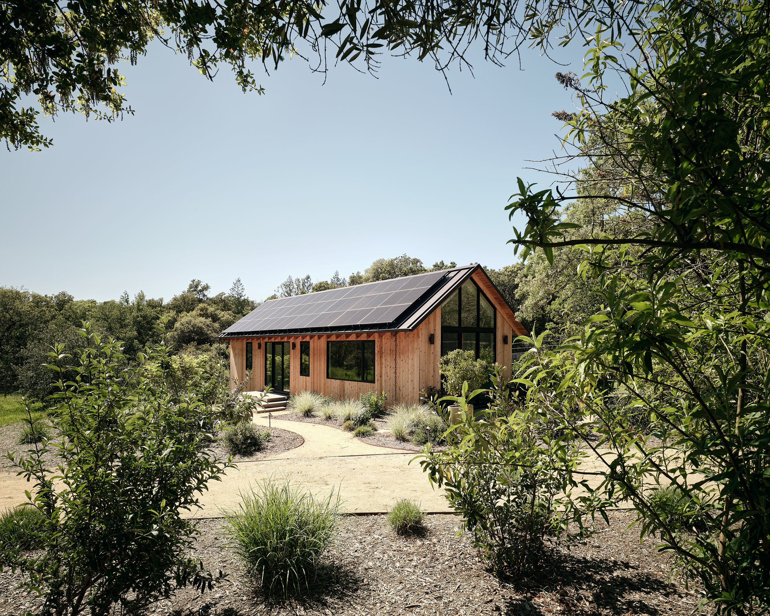 A modern wooden house with solar panels on the roof, situated in a lush green landscape with trees and plants.