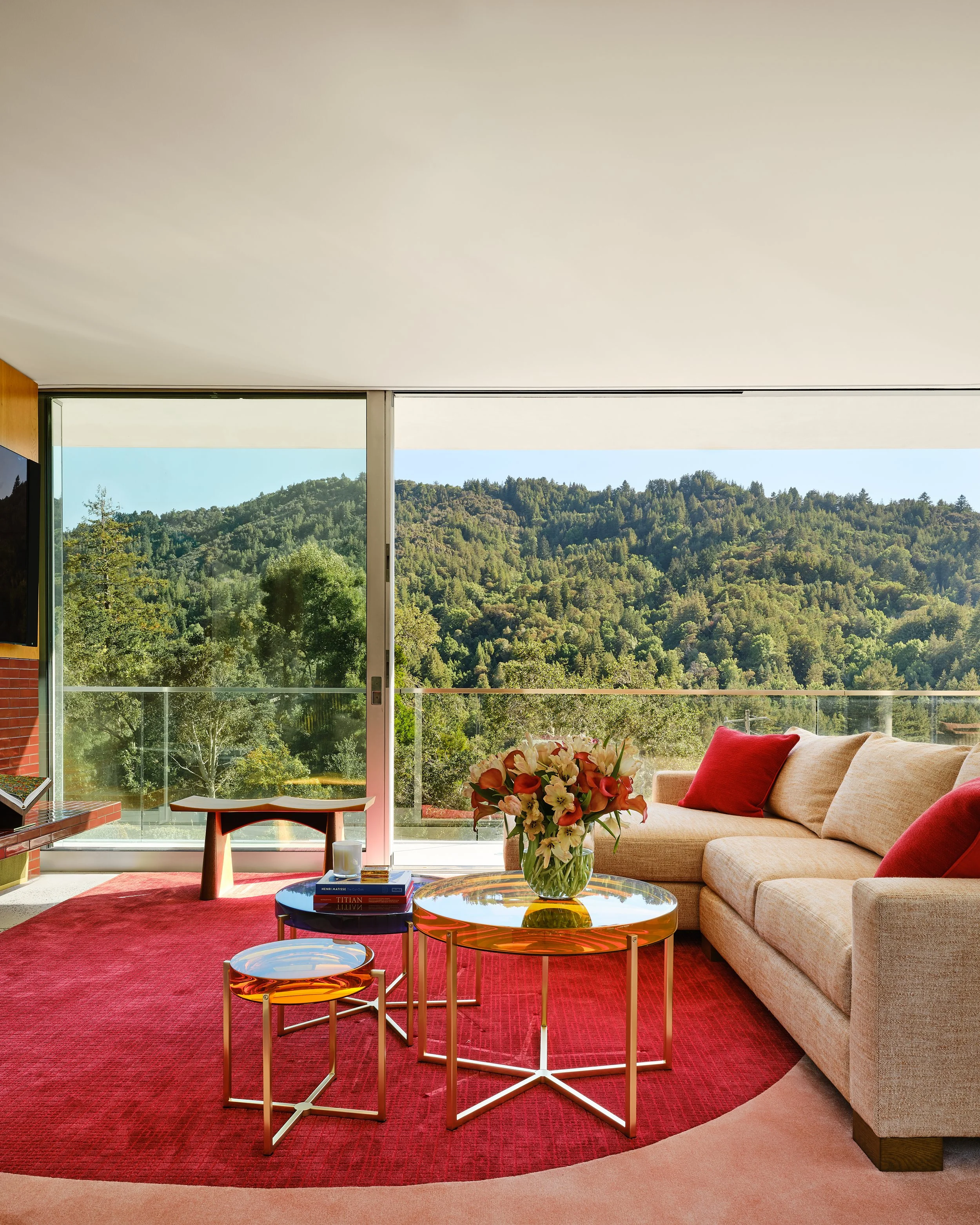 Living room with large glass sliding door, beige sofa with red pillows, red area rug, and coffee tables with a flower vase and books, overlooking a green mountain landscape.