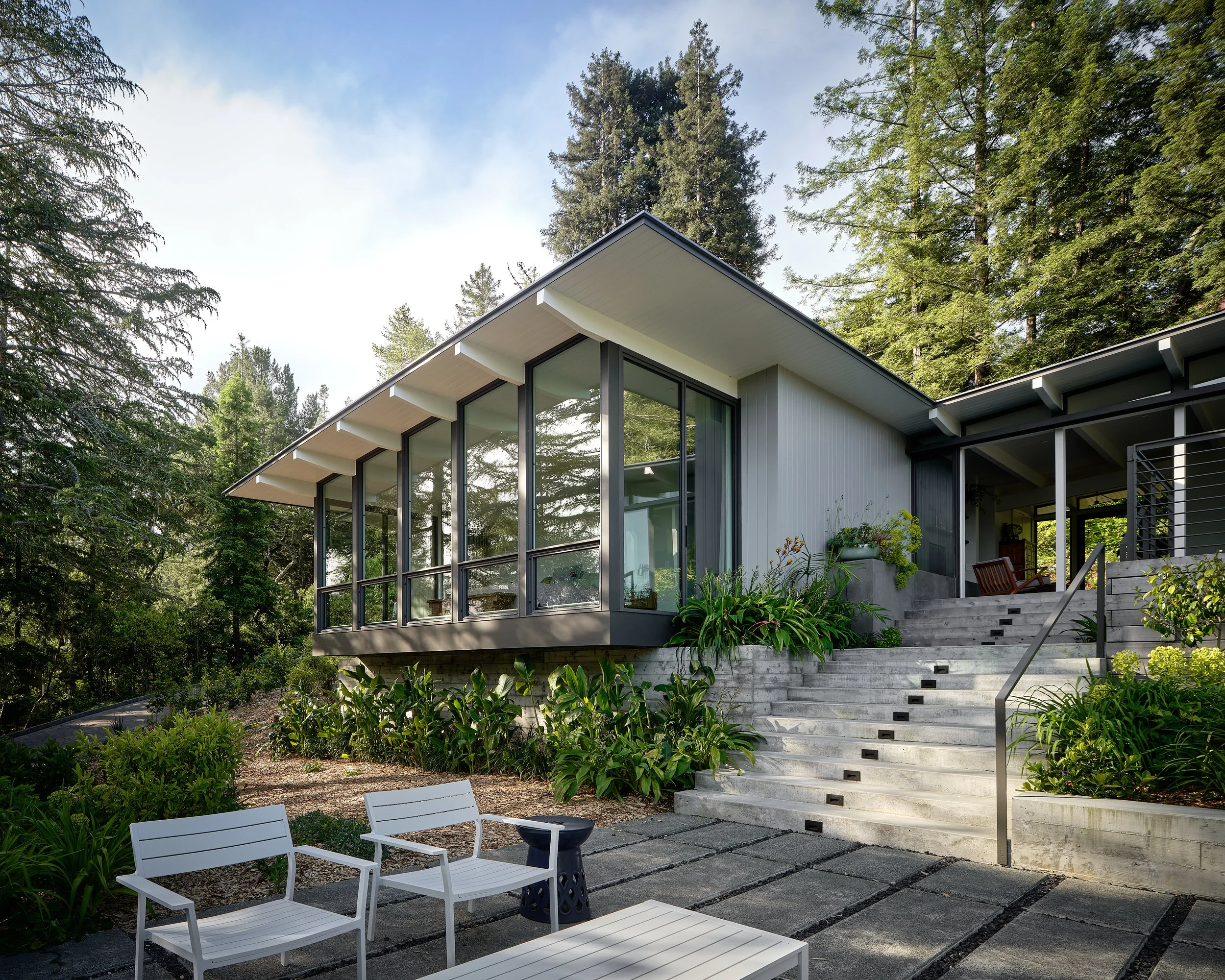 Modern house with large glass windows, concrete stairs, surrounded by lush greenery and tall trees.