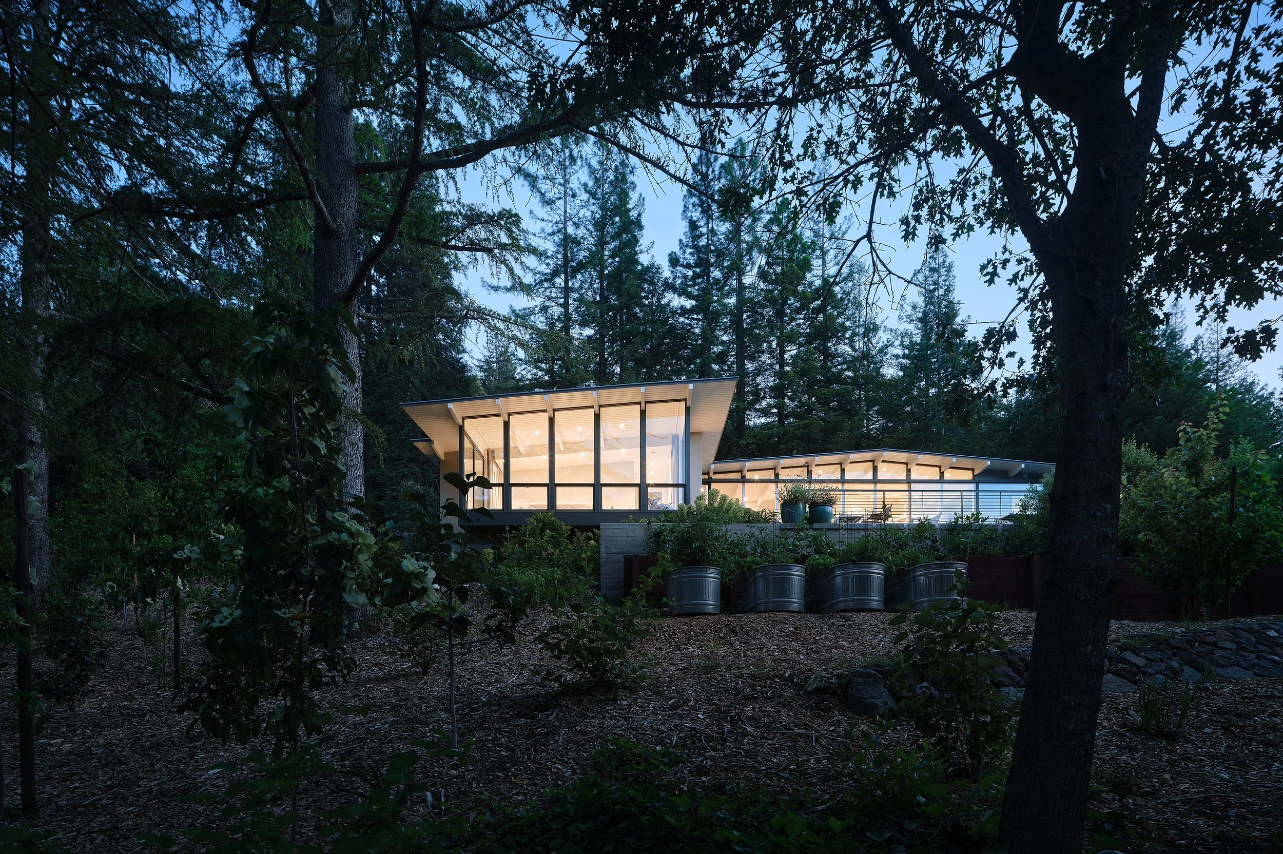 A modern house with large glass windows and a flat roof, illuminated from inside, surrounded by trees and greenery at dusk.