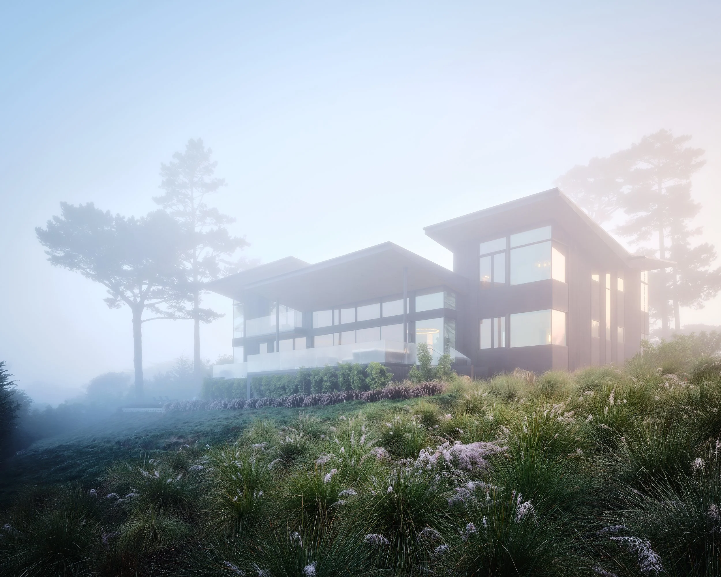 Modern house on a hillside surrounded by grass and trees, with fog in the background.