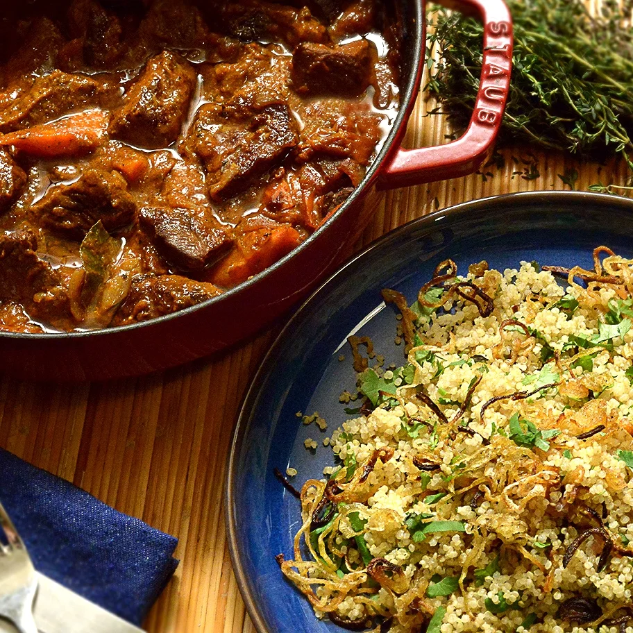 Beef Stew Recipe with Crispy Onion Vegan Quinoa Side Dish