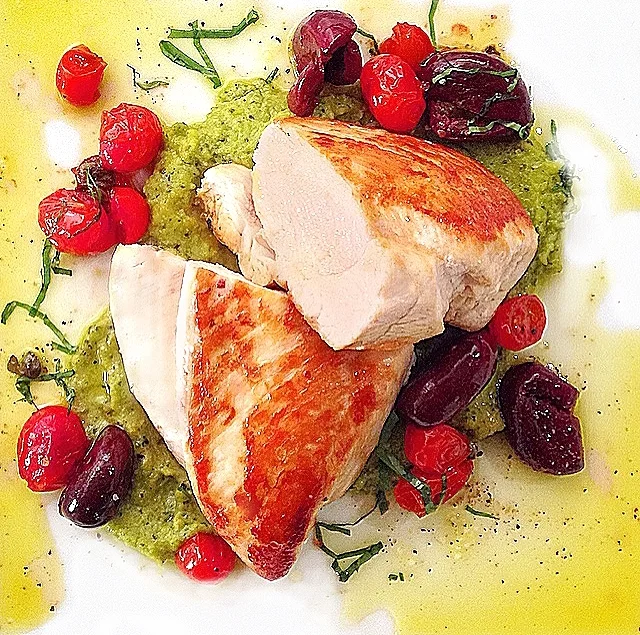Roast Chicken Recipe with Basil Hummus, Tomato & Olives