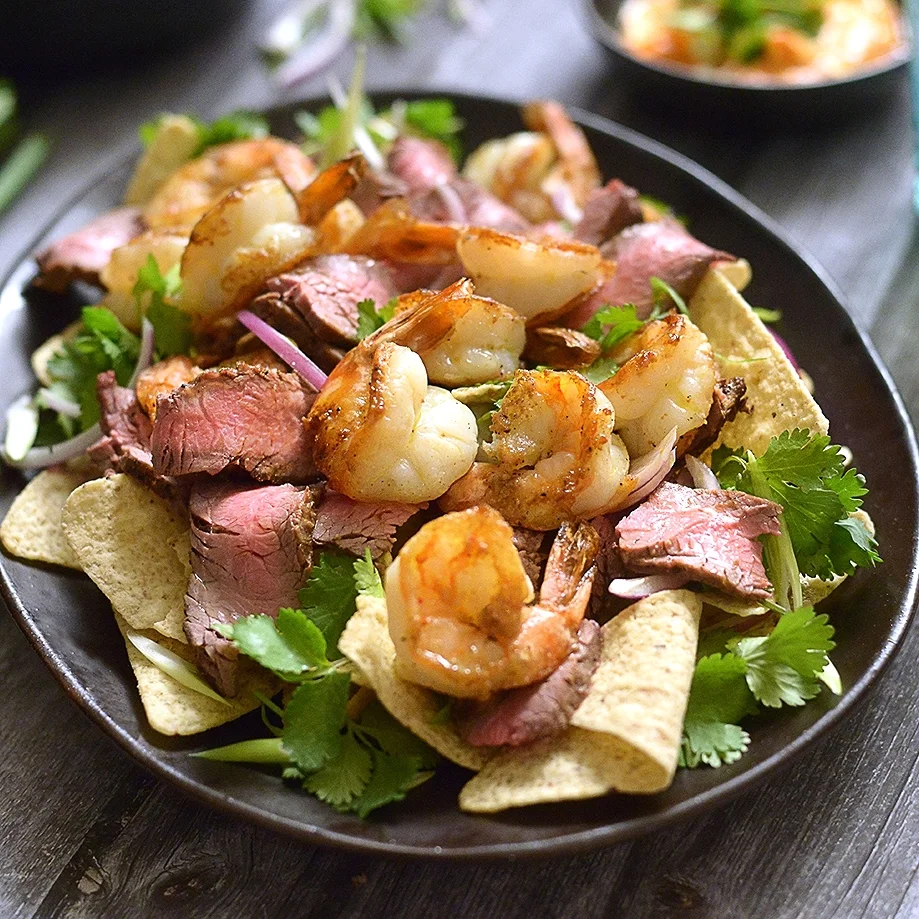 Chef Mike Ward's Surf n Turf Nachos. Steak and Shrimp Nachos.