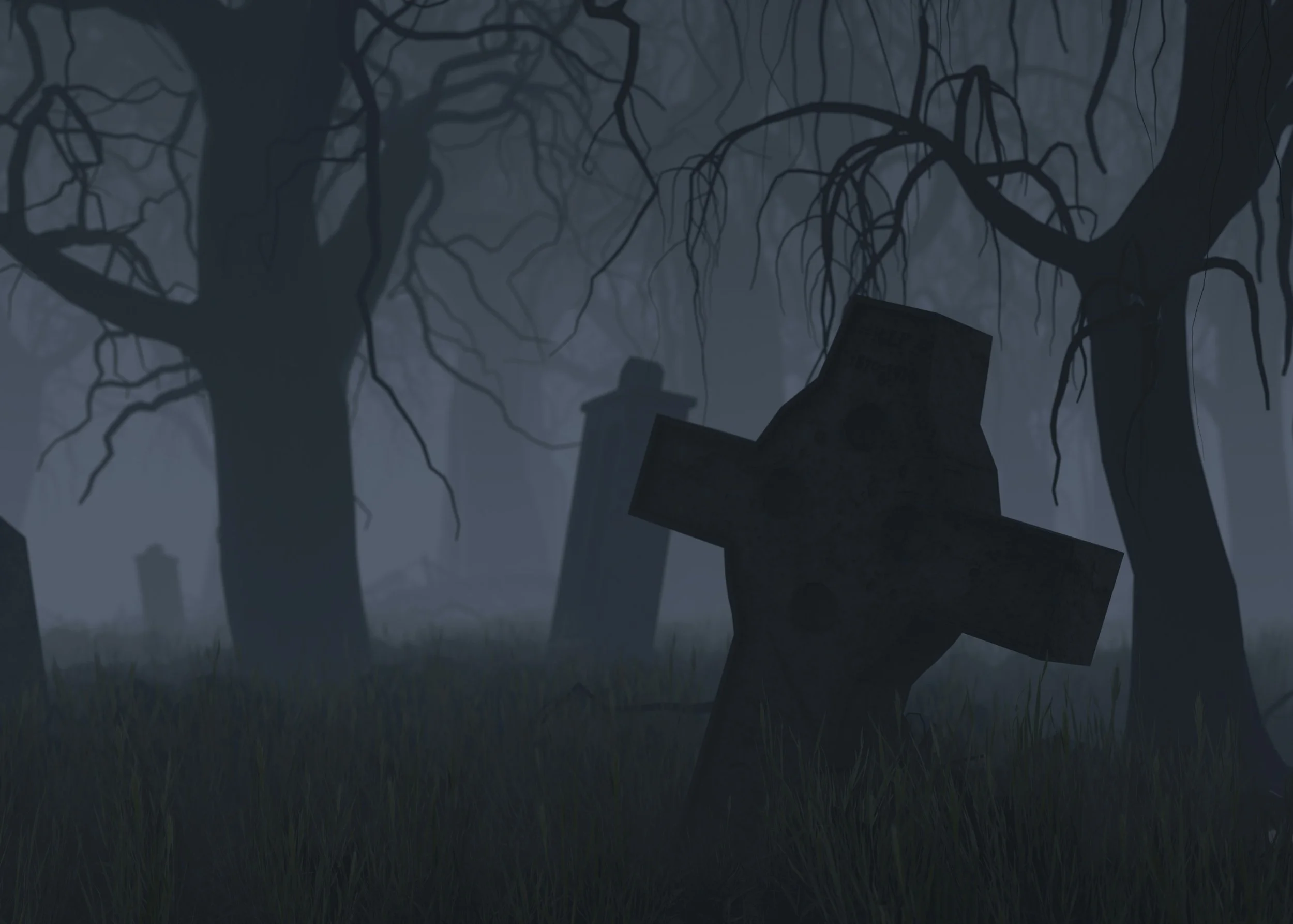 a cemetery with spooky trees