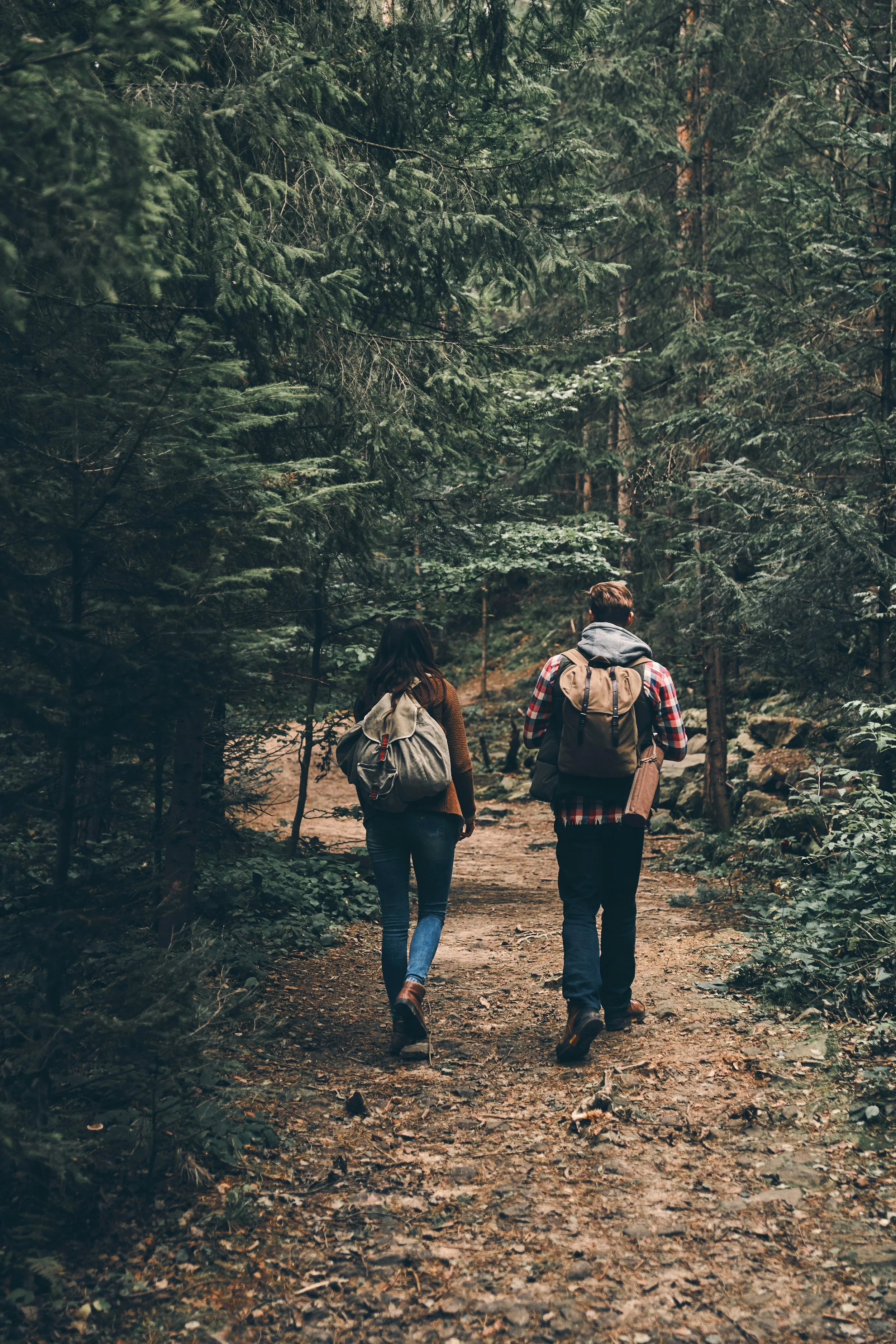 2 people walking through the woods