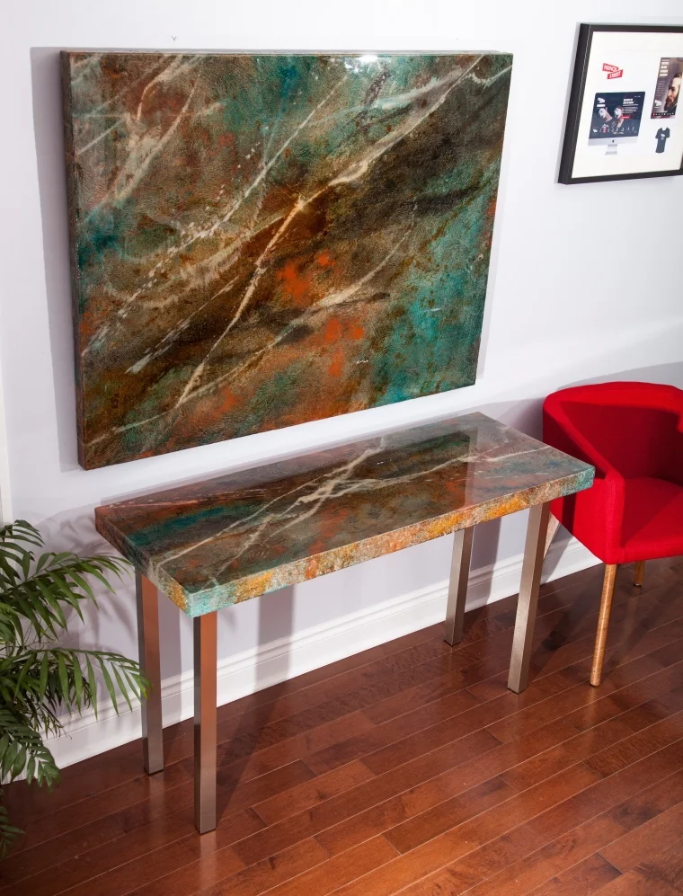 Stone Reflections in concrete painting 36 X 48, Acrylic on Concrete with Epoxy finish, Table top, 18 X 48, acrylic on concrete with epoxy finish