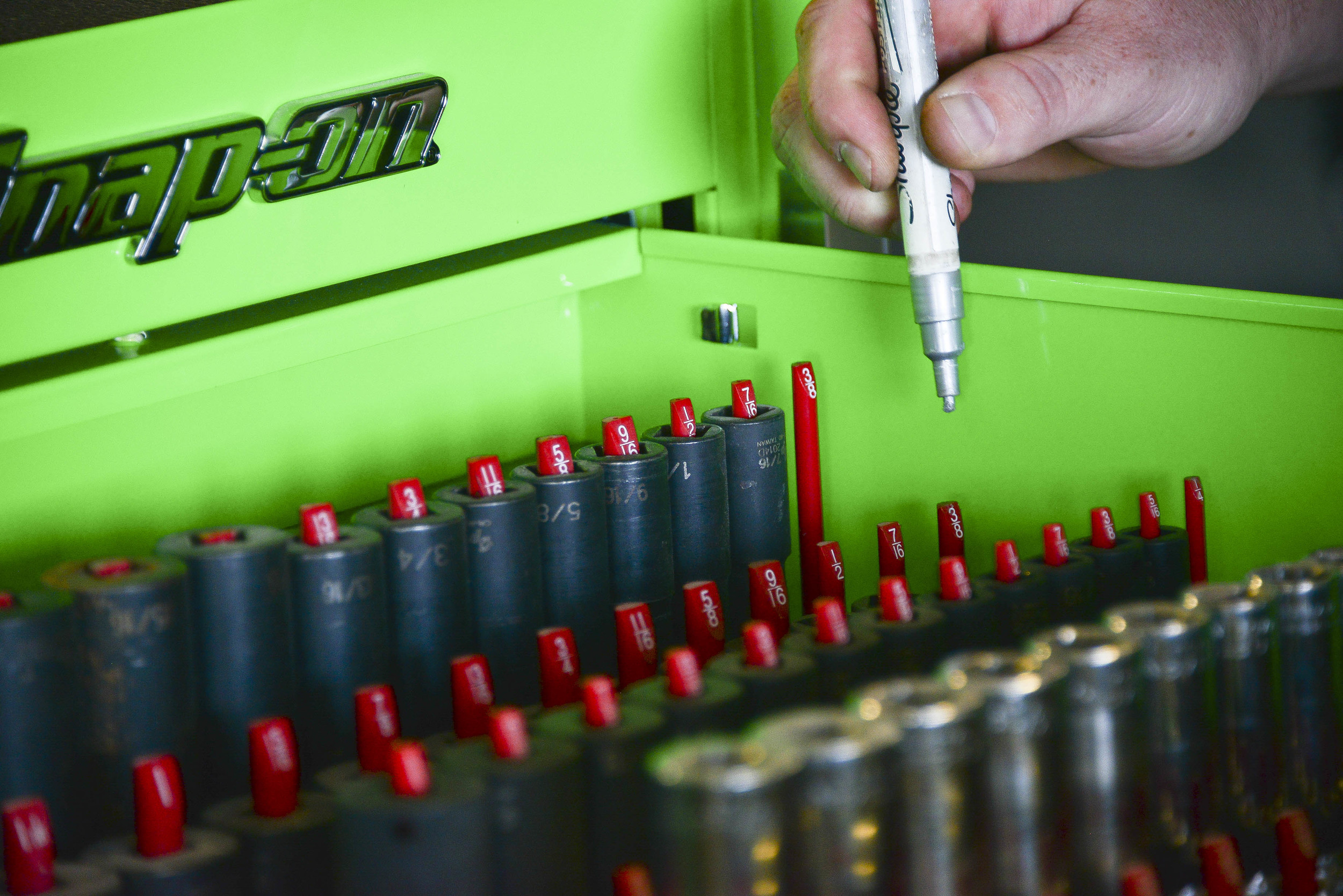   Harden marks his sockets and keeps track of what’s missing in his toolbox. Over the past ten or so years, Harden has invested around 65,000 dollars in his toolbox and tools.  