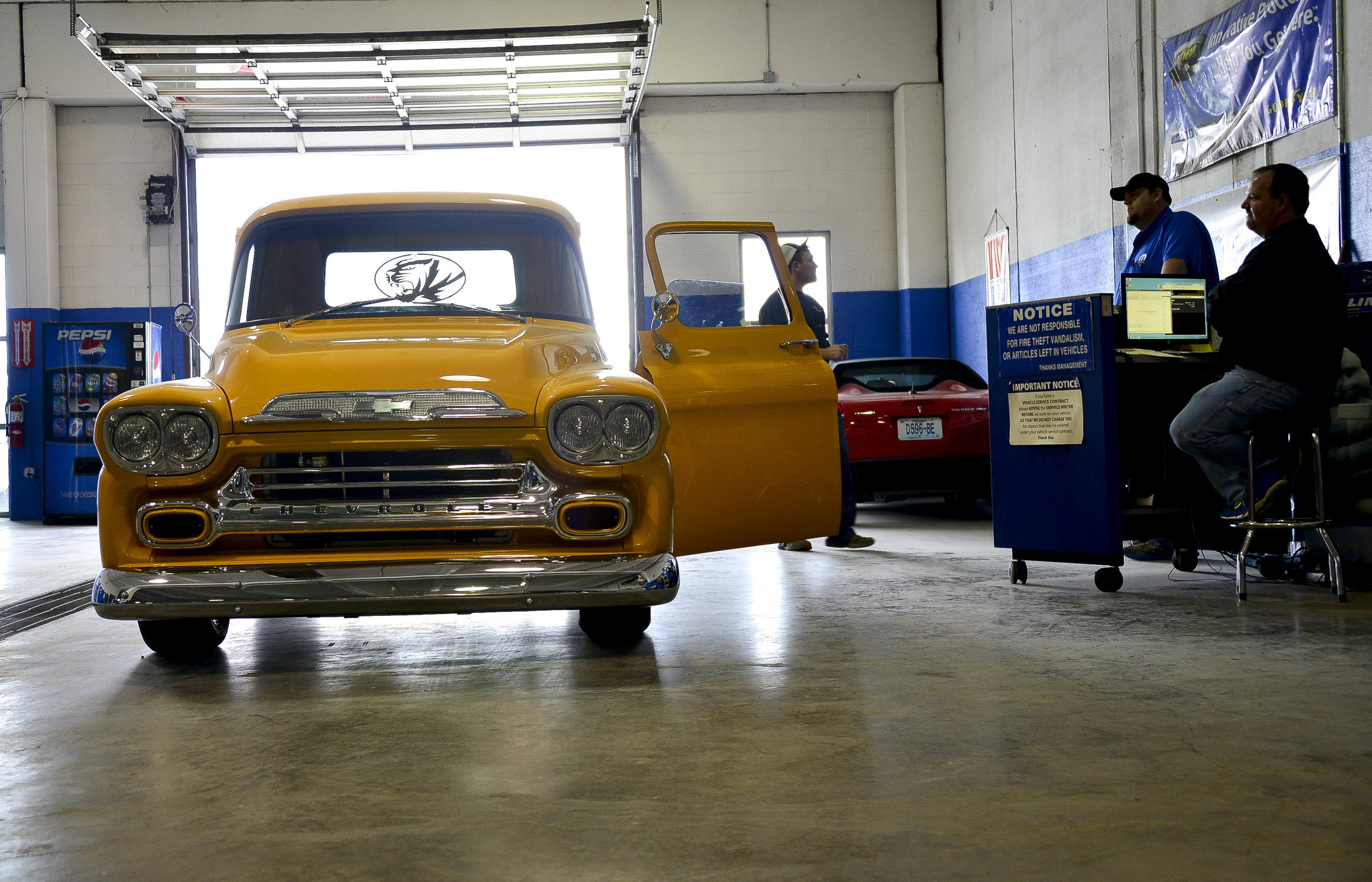   Teel takes a 46’ Chevy Mizzou-themed pickup to get inspected. The project took eight months and was for Roger Gregory, a local farmer and his son, Kurtis Gregory, a retired MU football player. “She purrs like a little kitten.” Teel said.  