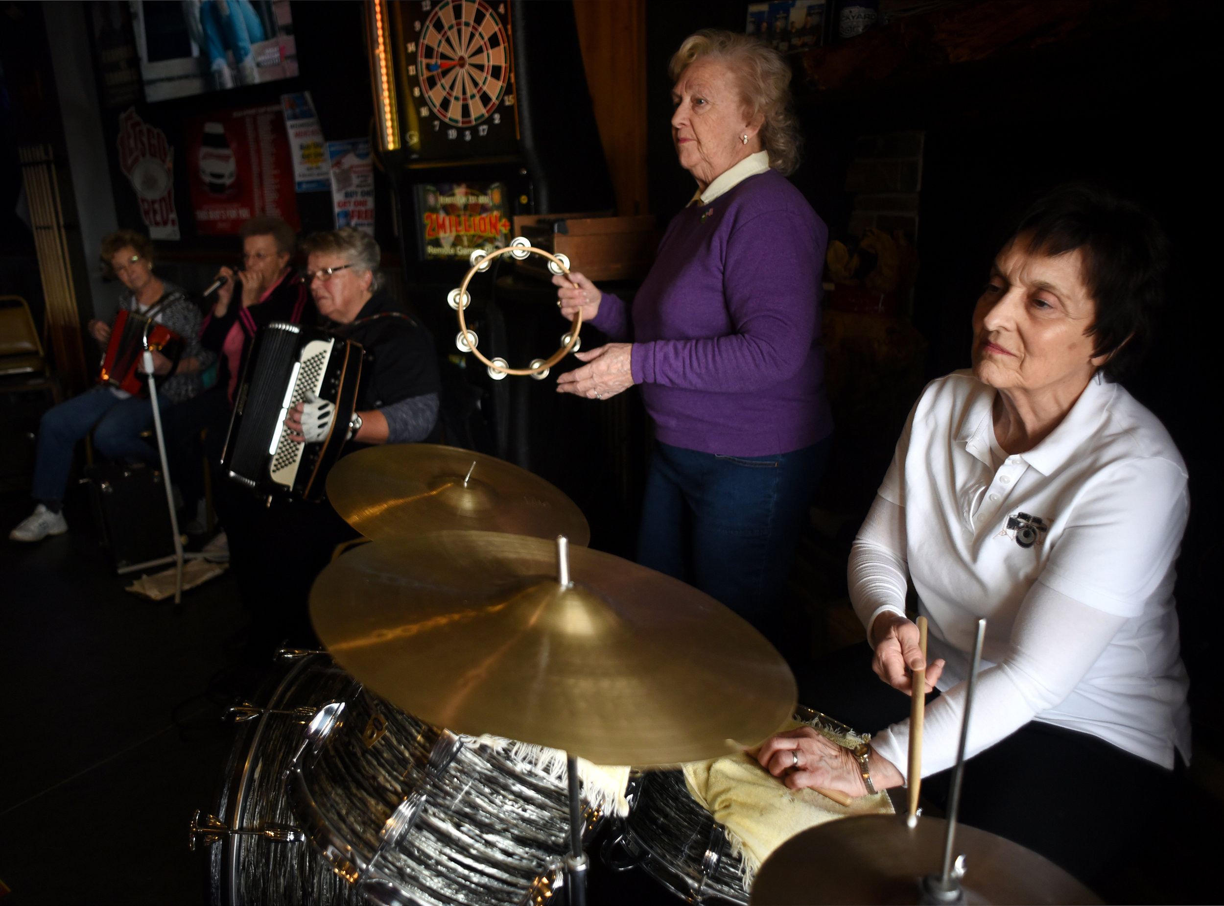  From left, Dianne Whitney, Gloria Blaser, Deb Thompson, LouAnn Hanson and Kathy Whitaker jam with the Junction Jammers at the Junction House on March 9, 2016.&nbsp; 