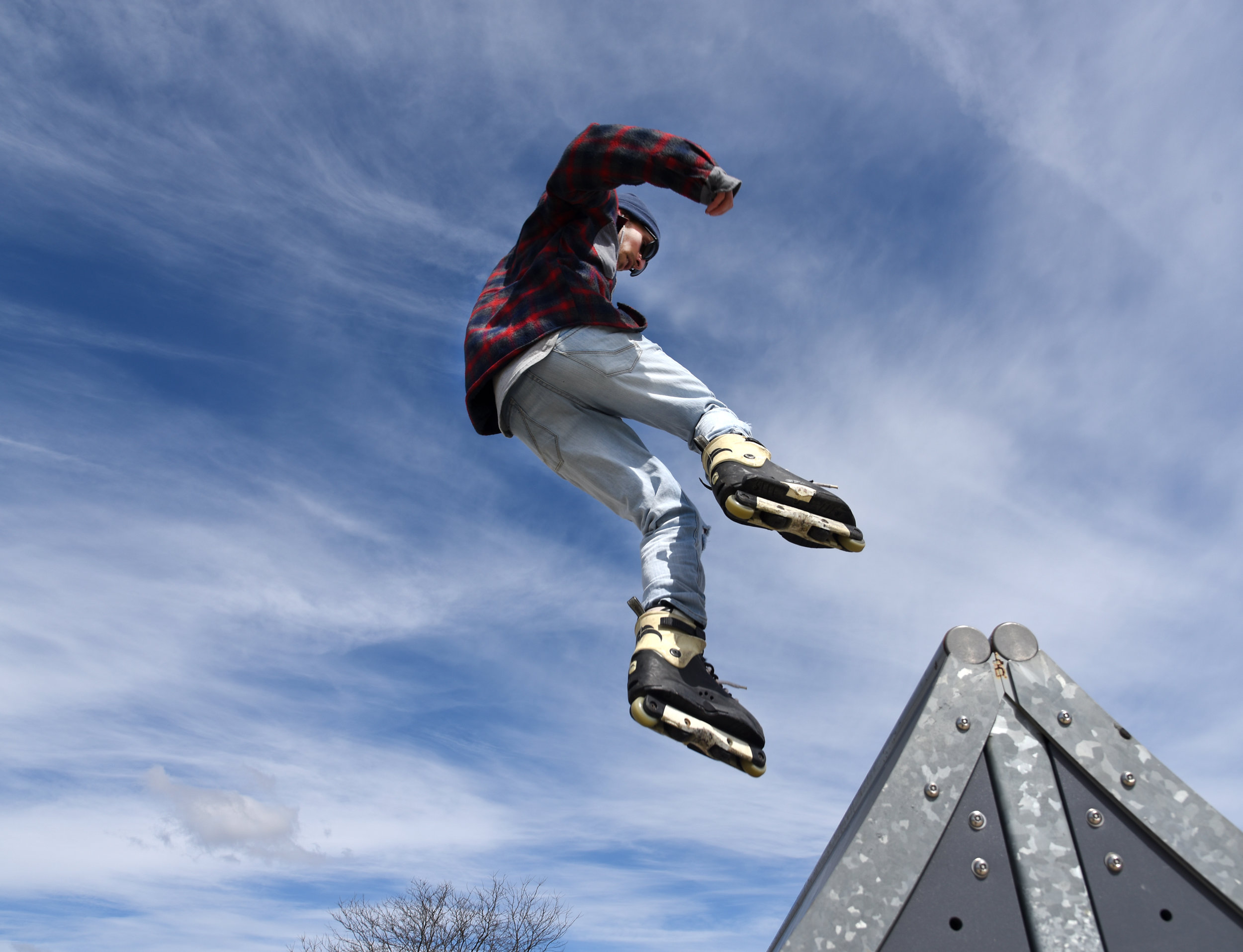  Andrew Swanston, of Monroe, rollerblades at the skate park at Honey Creek Park April 5, 2017. Swanston, who grew up in Monroe, has been skating since about 2005 