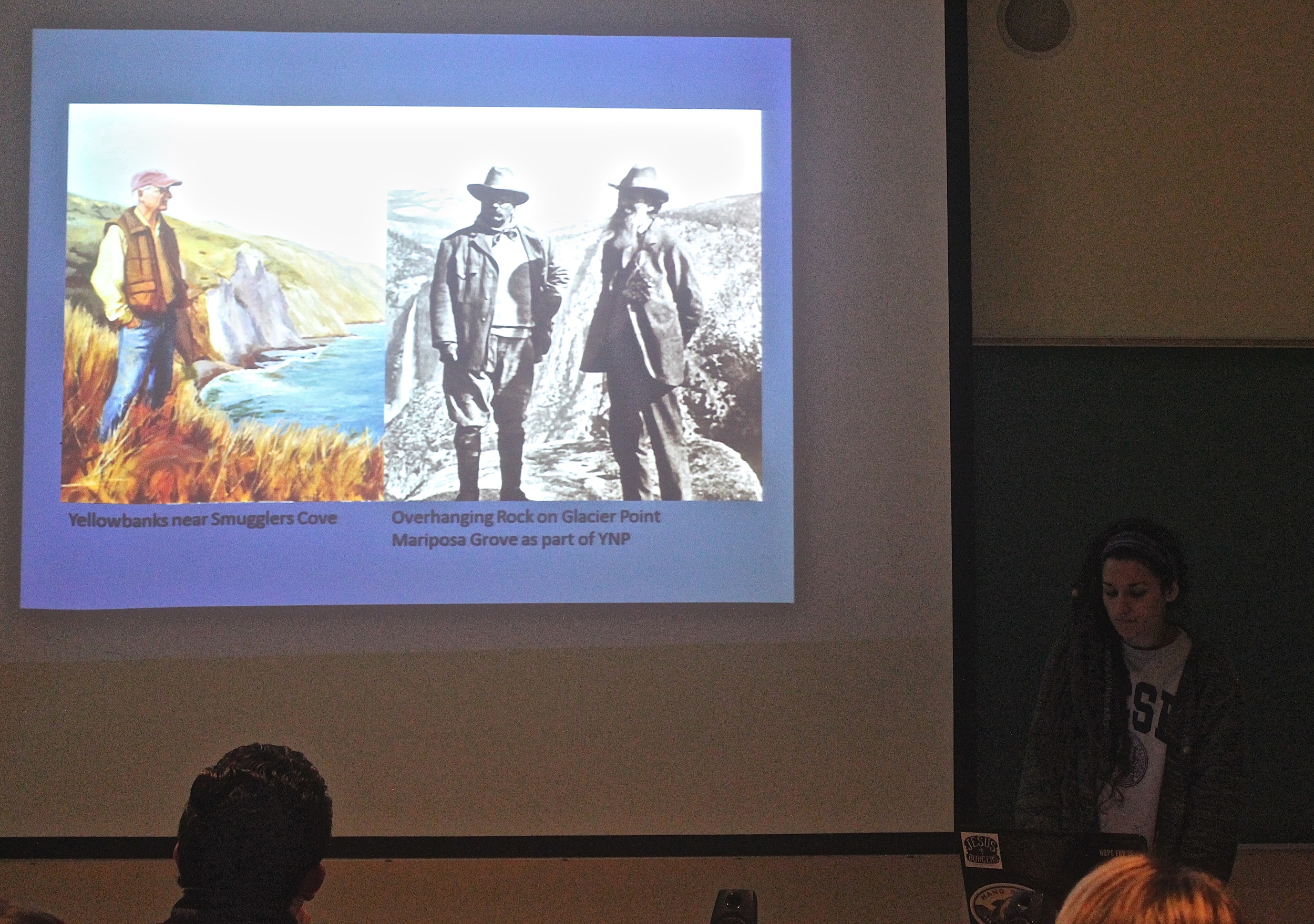  Allisha Smith compares Dr. Laughrin's portrait to the famous photograph of two historic ecological preservationists, &nbsp;Roosevelt and Muir. 