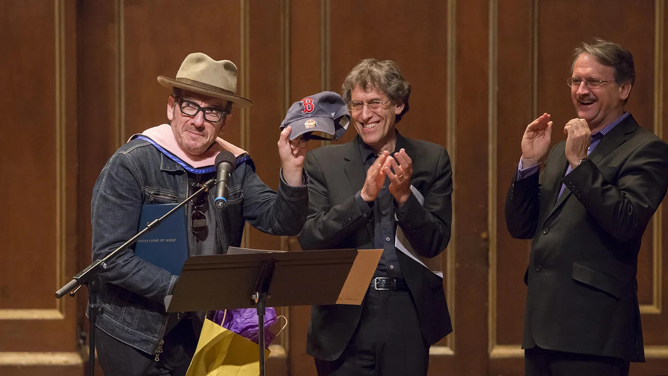 L to R: Elvis Costello, Hankus Netsky, and Tony Woodcock