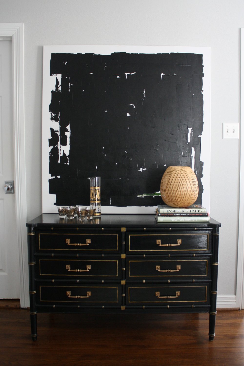 piano black finish. high gloss black. how to paint high gloss black. how to  get a piano finish. Henry link faux bamboo chest of drawers. Bali hai  dresser - Painted by Kayla