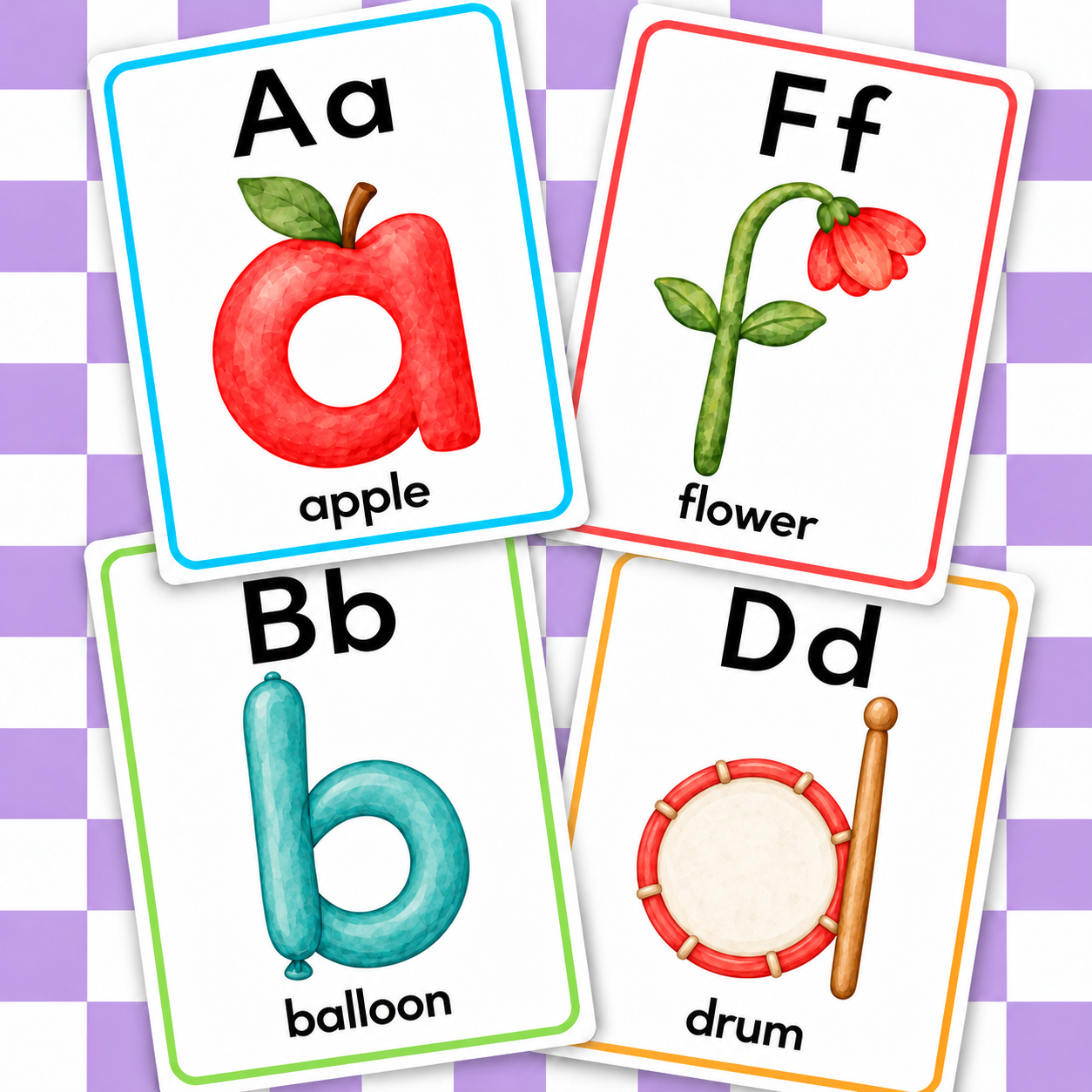 Apple, flower, balloon, and drum.png