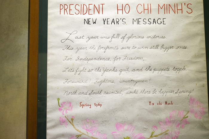 An artifact from Hoa Lo Prison Museum written and decorated by American POWs during the Vietnam War.