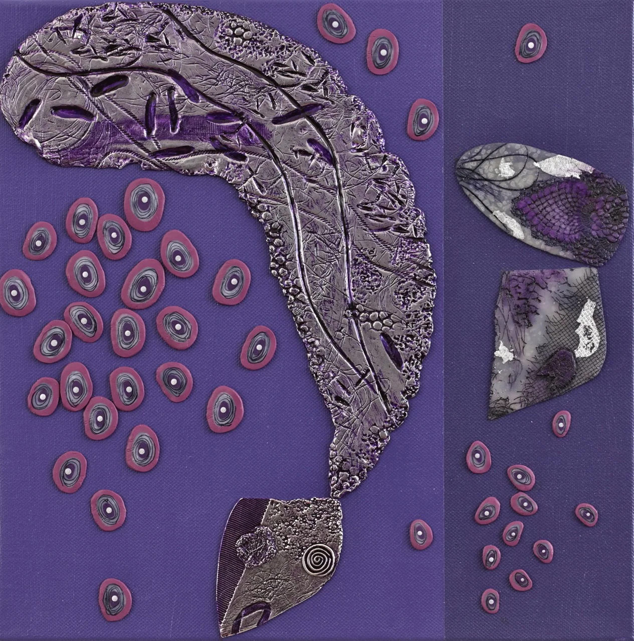 91 Puzzle & Wonder of the Universe 2012paint,silverleaf,polymer clay, cast&plated pewter on canvas 30X30cm.jpg
