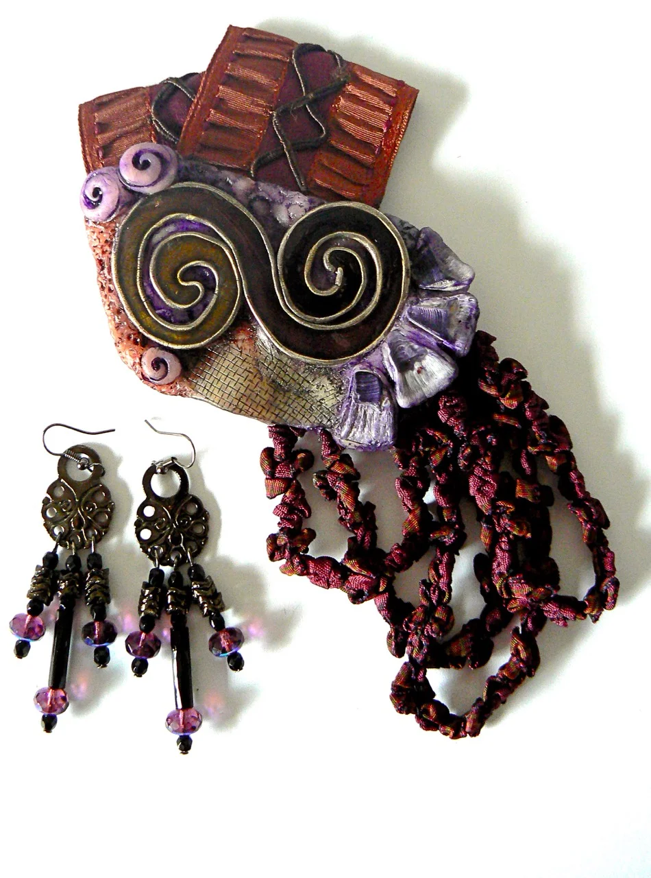 44 Brooch&E:R set 2015 polymer clay,paint,shell fragment,textile,cast,plated& epoxy enamelled pewter.jpg