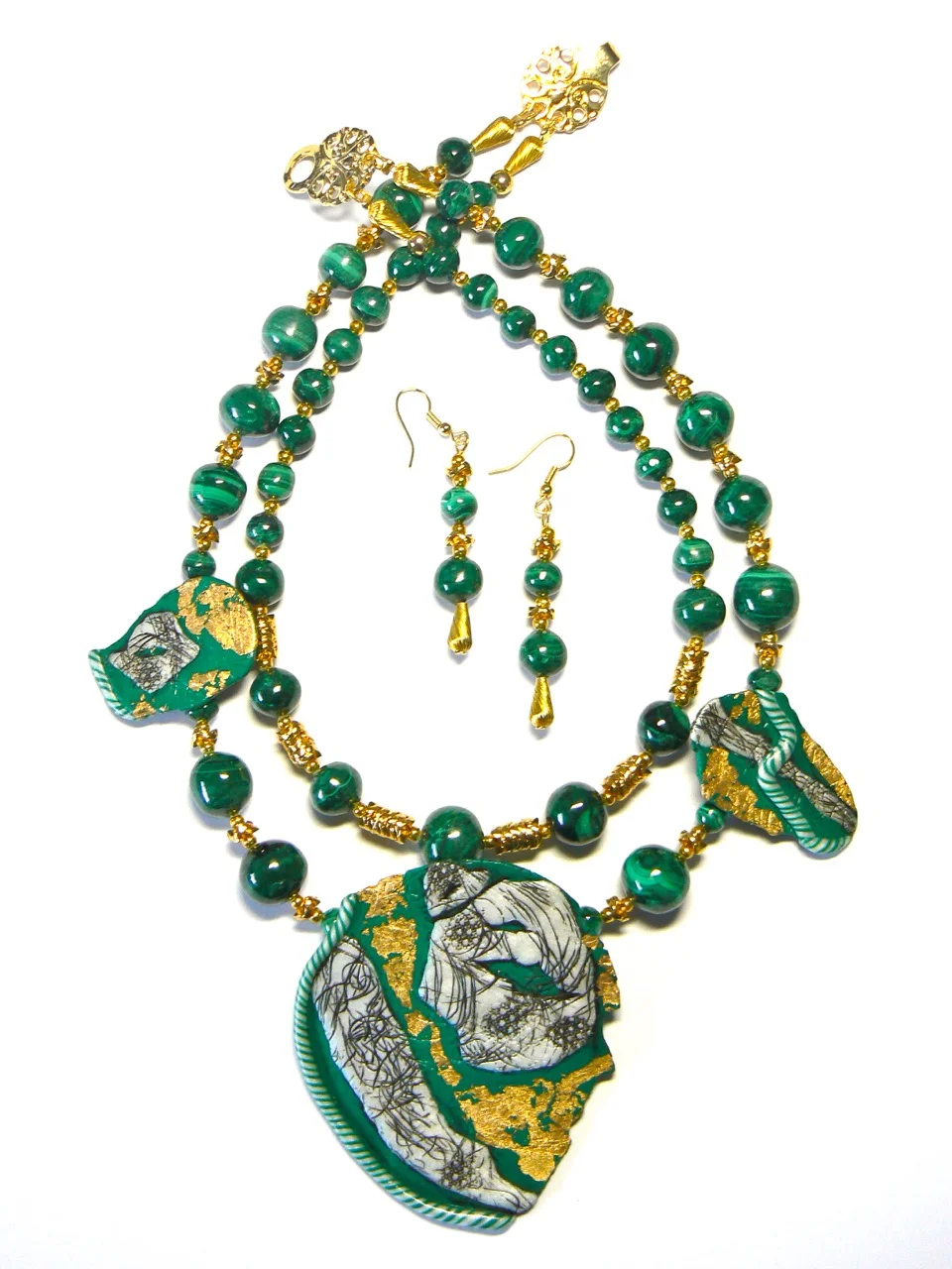 21 N:P&E:R set 2016 malachite,polymer clay,paint,gild leaf,plated pewter.jpg
