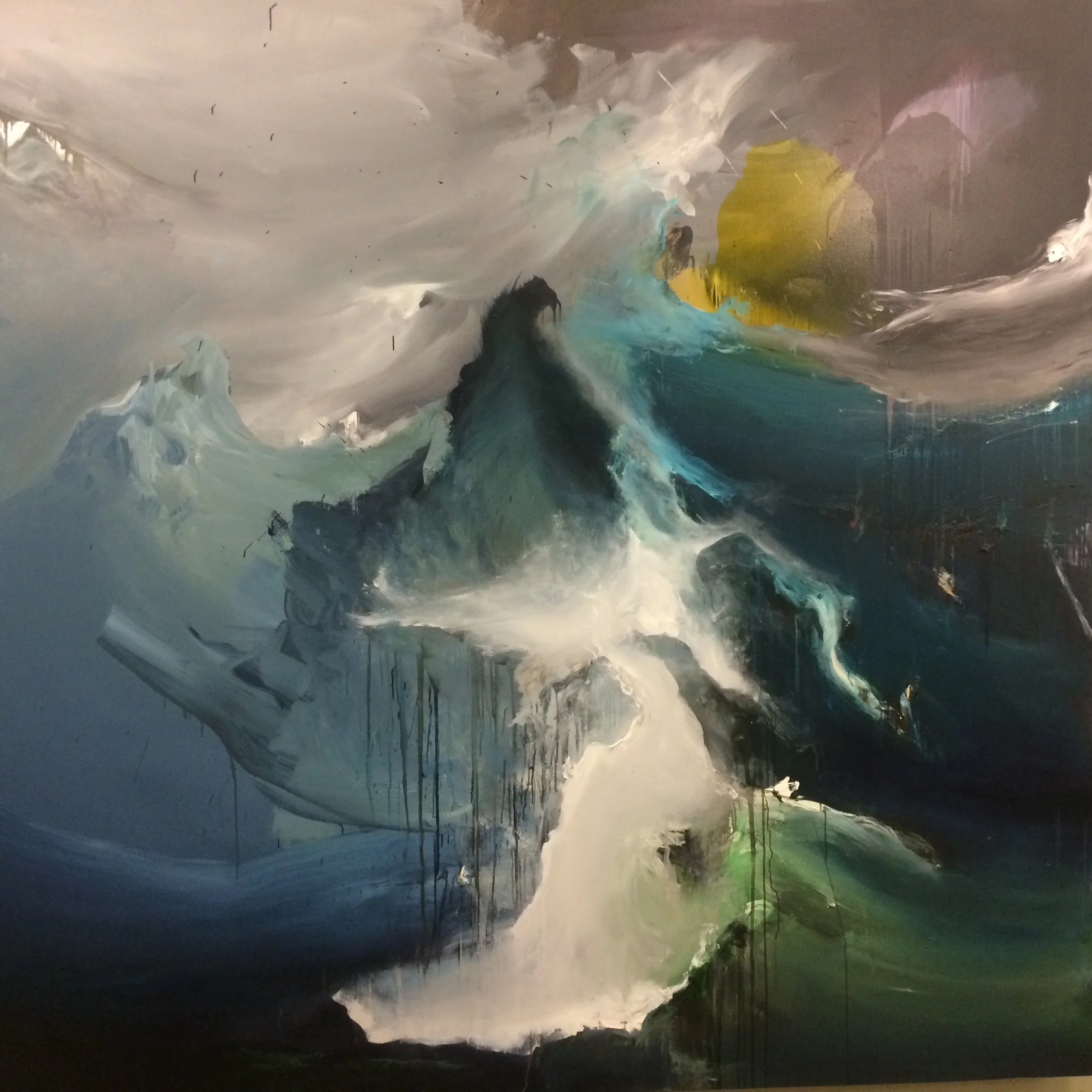 For the record, Adam did not paint this. This is a picture of an abstract landscape I took in a building on campus at DePaul University, called Snarled and Yelping Sea . If you want to see any of Adam's work, look here . 