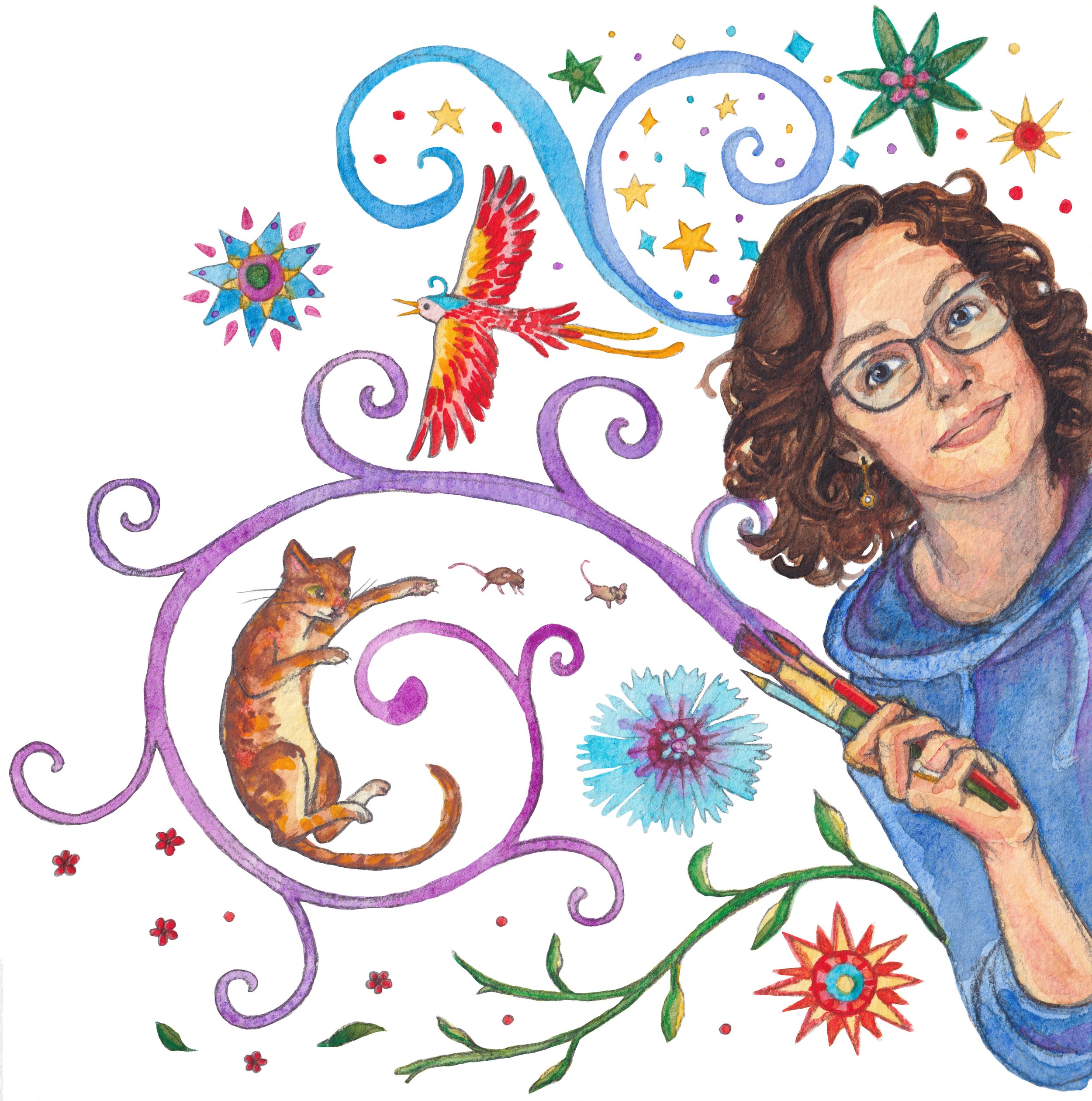 woman artist with glasses holds paintbrushes amid colorful swirls of art and imagination.  watercolor and pencil Theresa Flaherty Jones