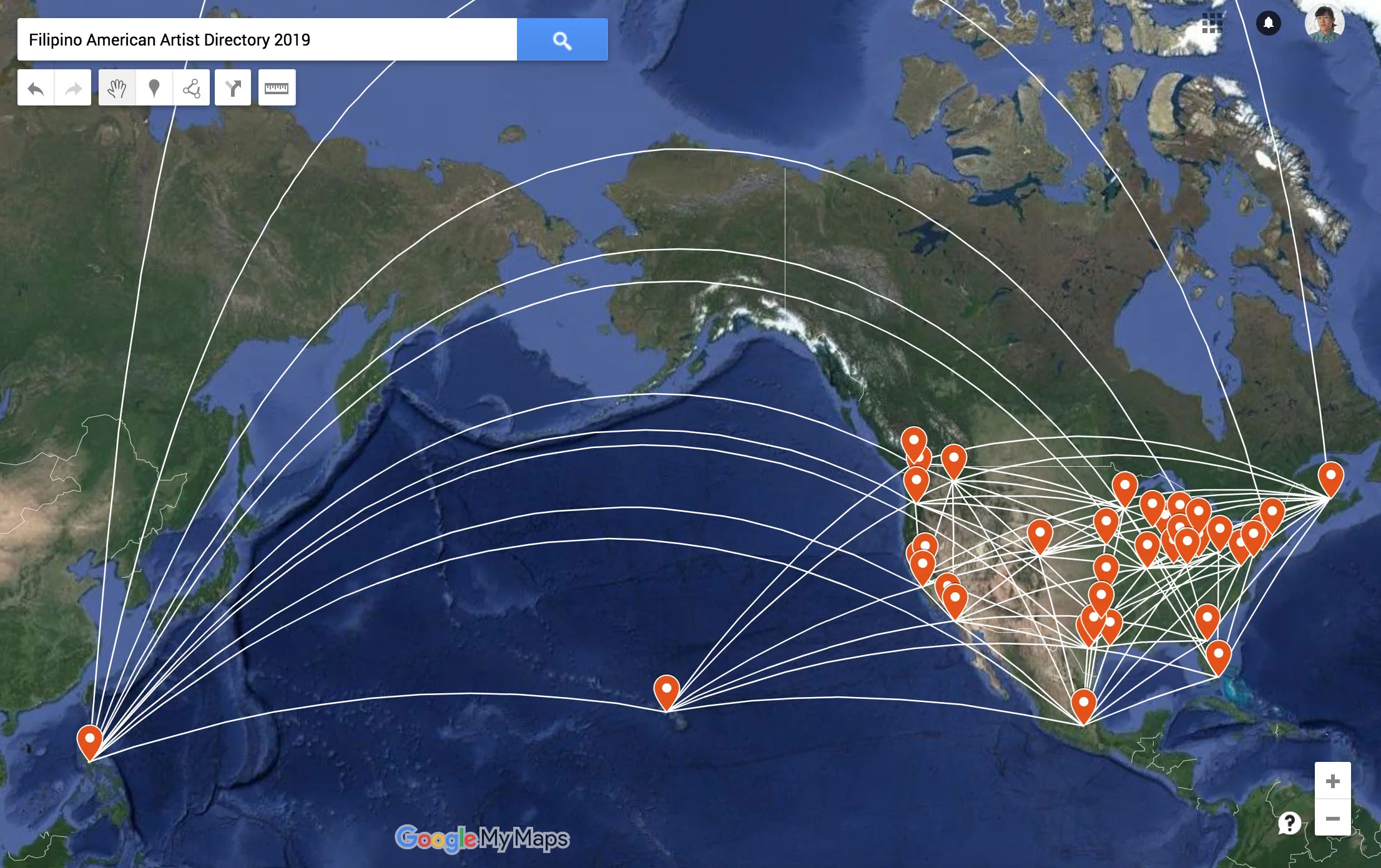 Map of Filipino American Artist Directory artists, 2015-2019