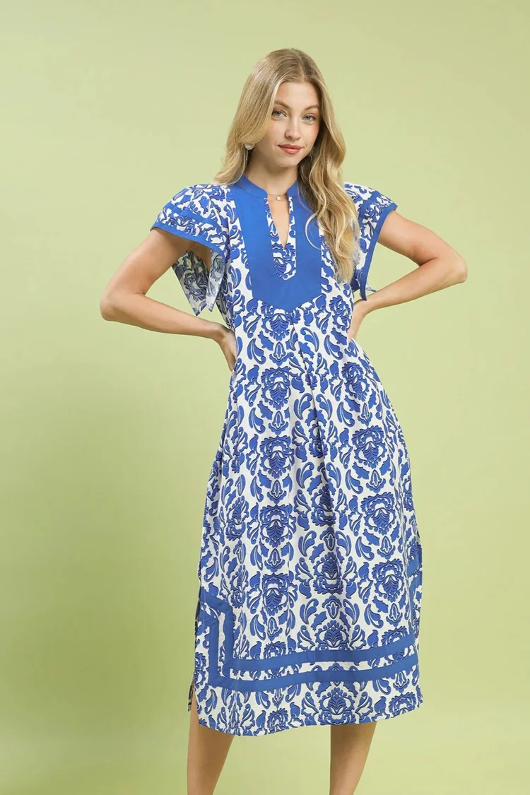 Blue Printed V Neck Short Sleeve Maxi Dress  Valley Chic Boutique