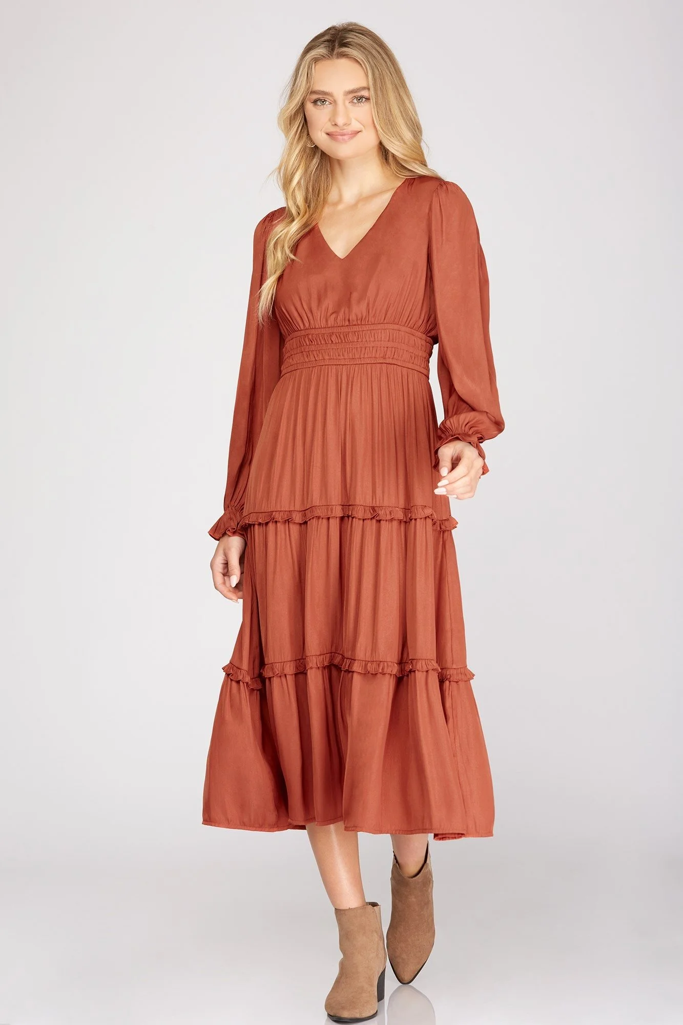 Cinnamon Long Sleeve Fitted Waist Maxi 