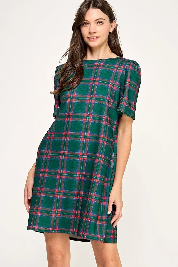 Green Plaid Short Sleeve Bow Back Shift Dress  Valley Chic Boutique