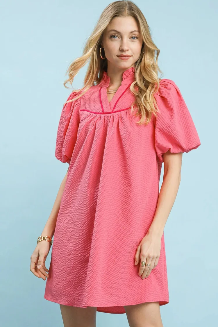 pink short sleeve shift dress Pink Textured Short Sleeve V Neck Shift Dress — Valley Chic Boutique