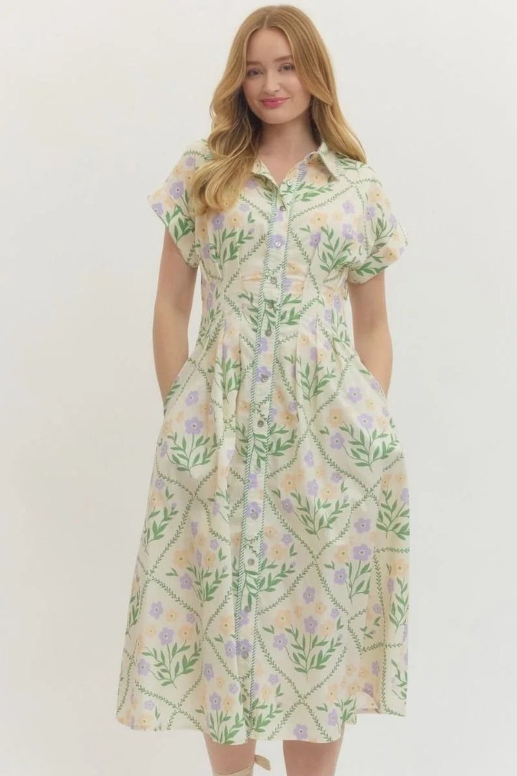 slim fit dress slacks Wild Aster Slip Dress Greenery Floral Print Lace Trim Button Sides- Cream/Green