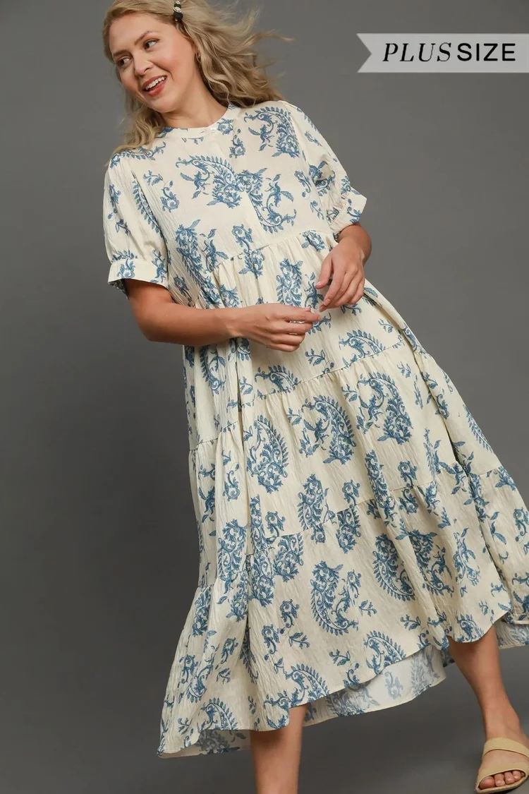 blue and cream dresses with sleeves Ice Cream Cone Print Loose-Fitting Dress In BLUE