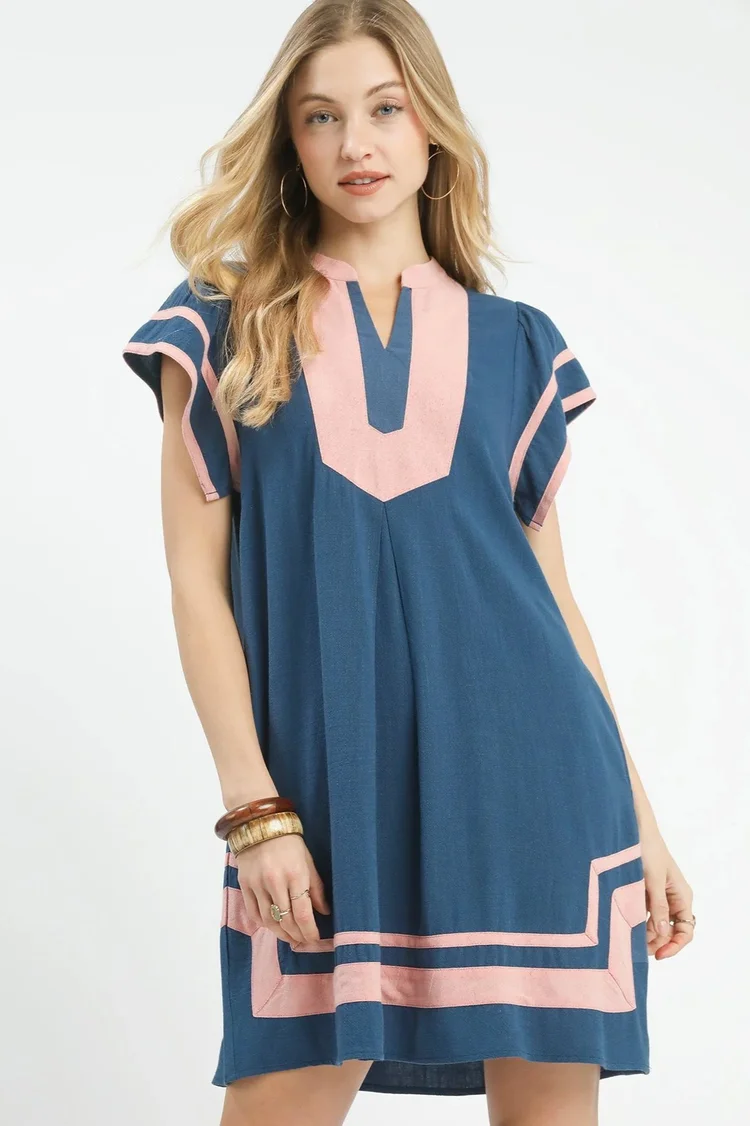 Navy and Pink Short Sleeve V Neck Shift Dress  Valley Chic Boutique