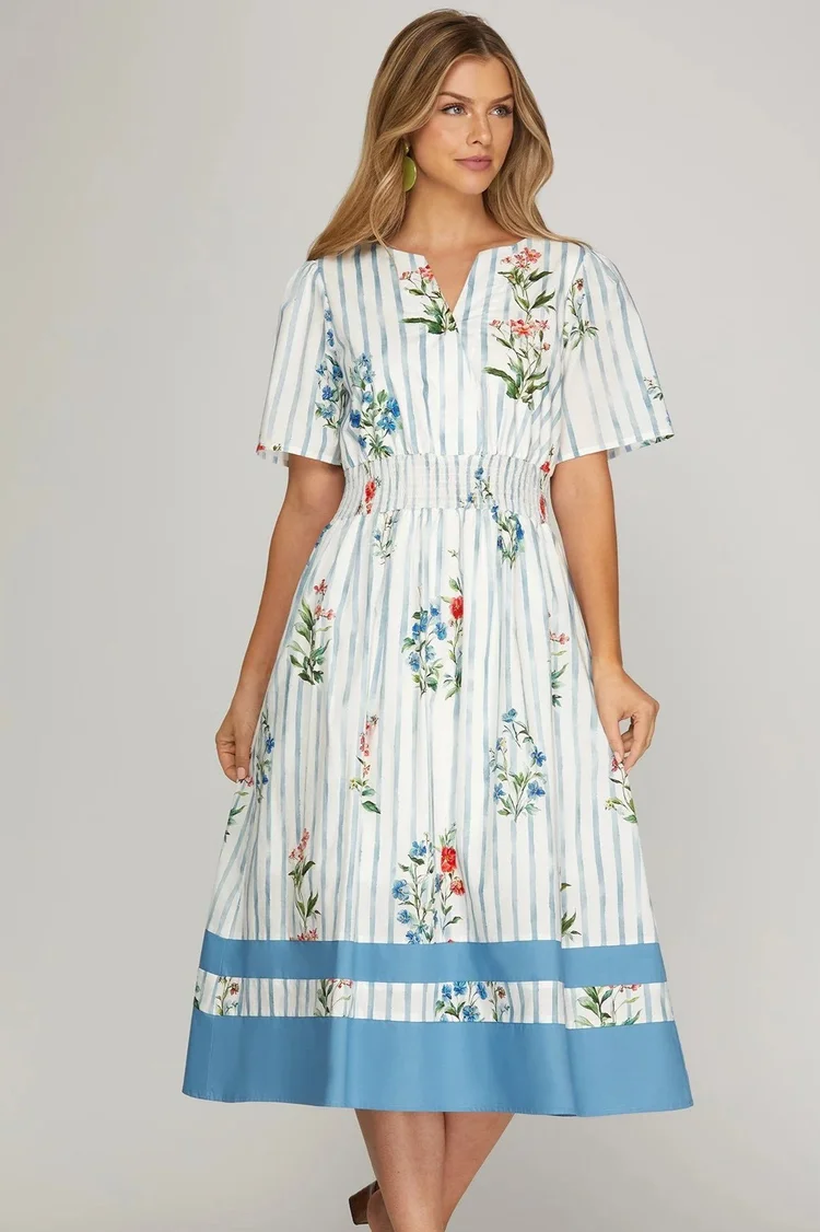 Blue Floral Print Short Sleeve Fitted Waist Maxi Dress  Valley Chic  Boutique